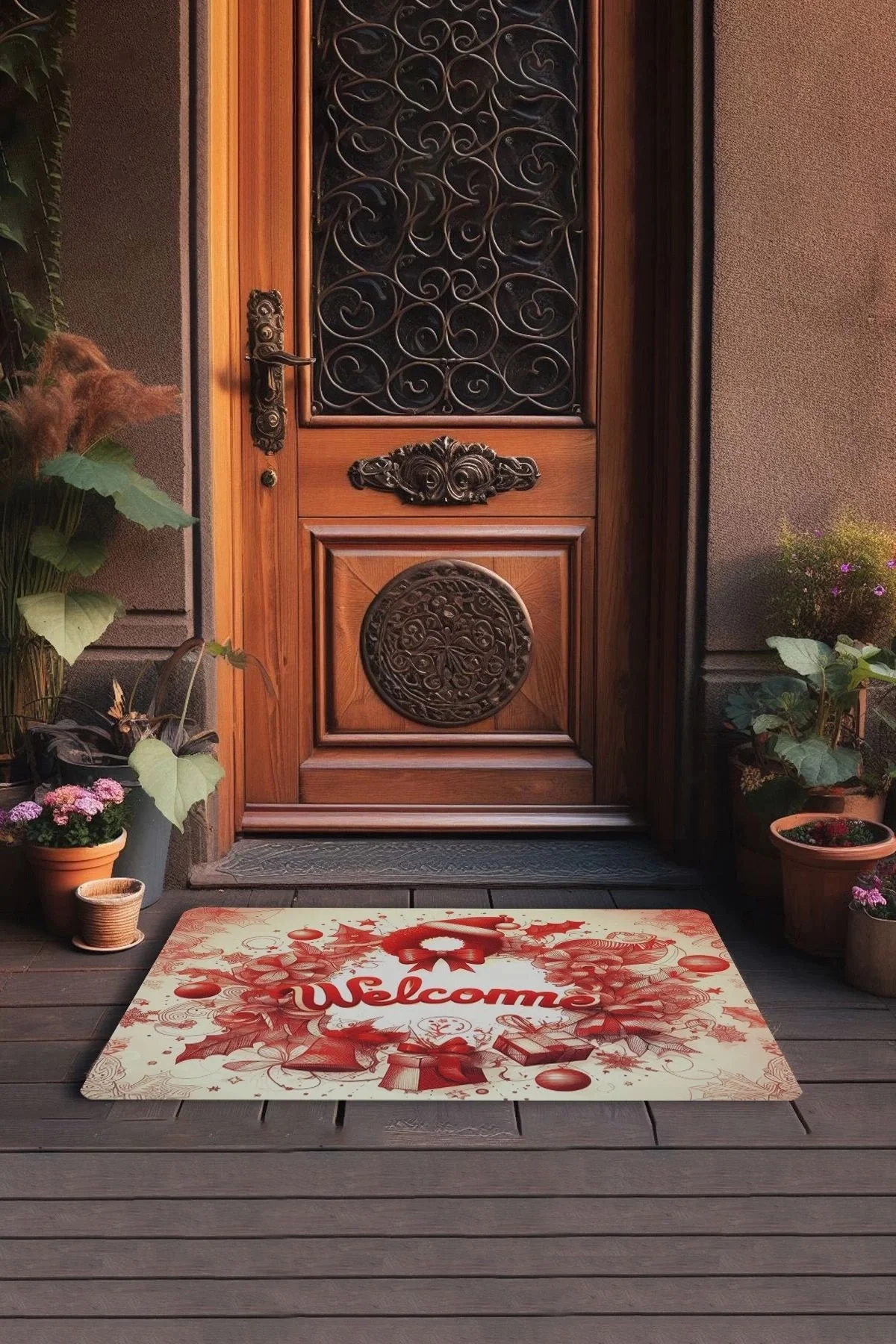 Valerine Life Kırmızı Noel Kapı Süsü Temalı Welcome Kapı Önü Paspası 45x70cm