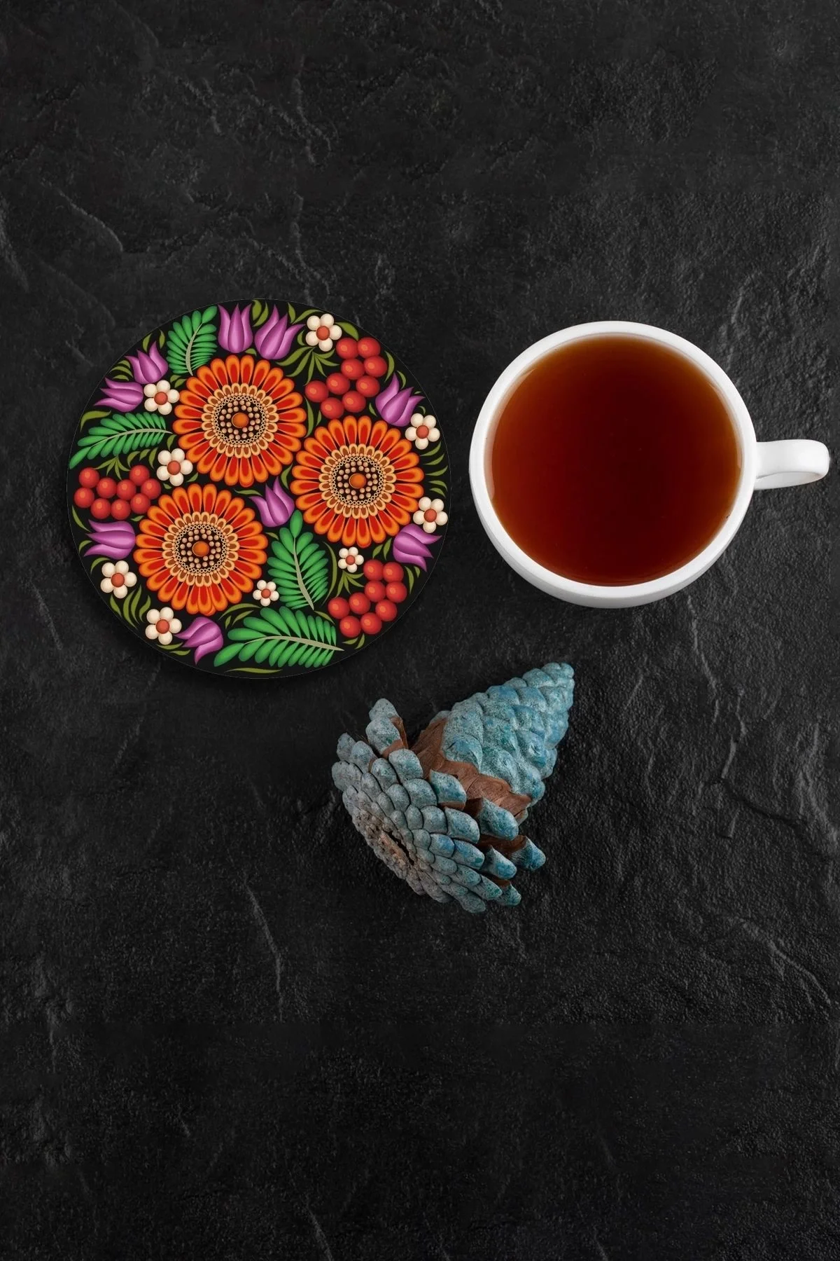 Valerine Life Kırmızı Papatyalı Yıkanabilir Kaydırmaz Ofis Çay ve Fincan Bardak Altlığı 10x10cm 6 Adet