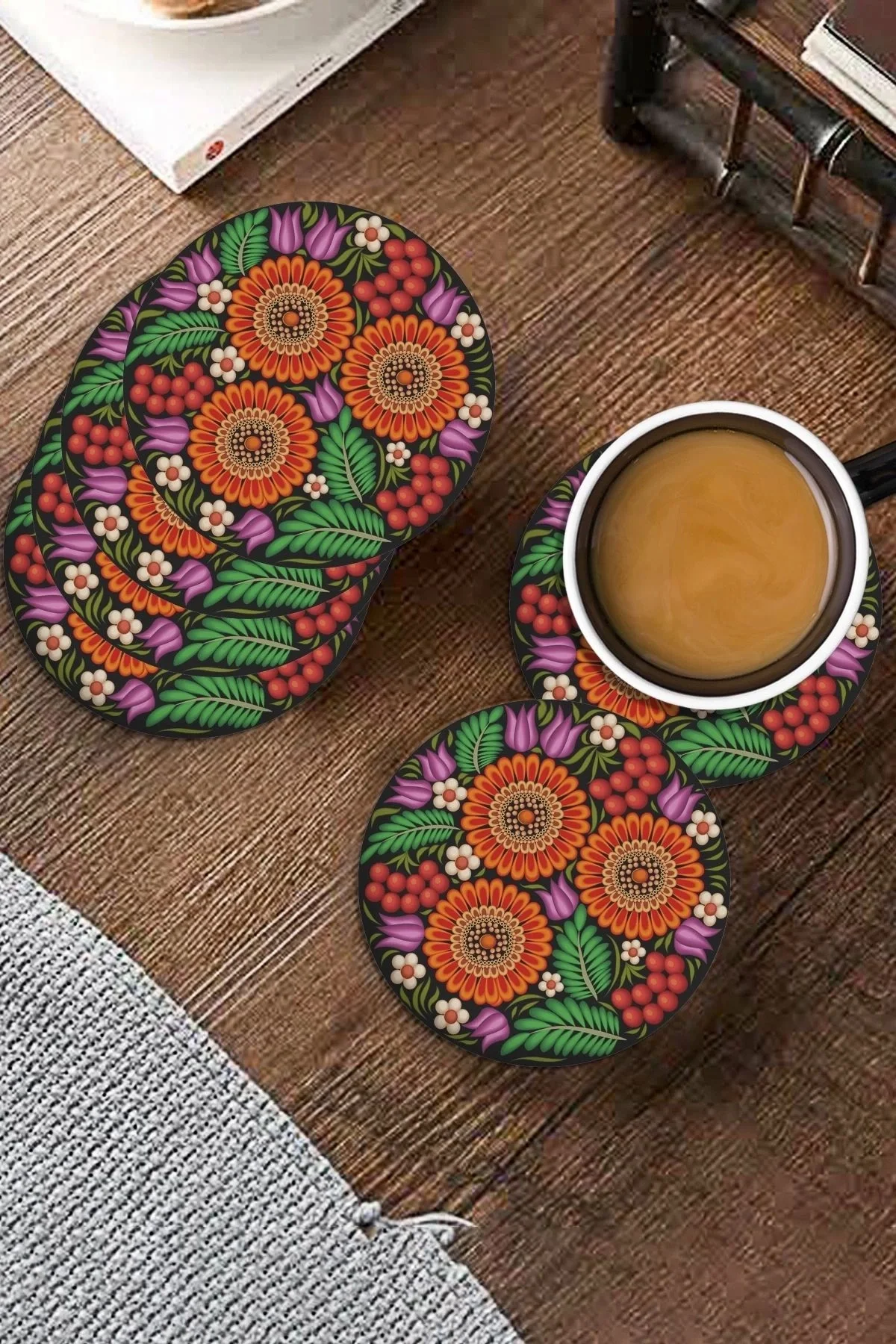 Valerine Life Kırmızı Papatyalı Yıkanabilir Kaydırmaz Ofis Çay ve Fincan Bardak Altlığı 10x10cm 6 Adet