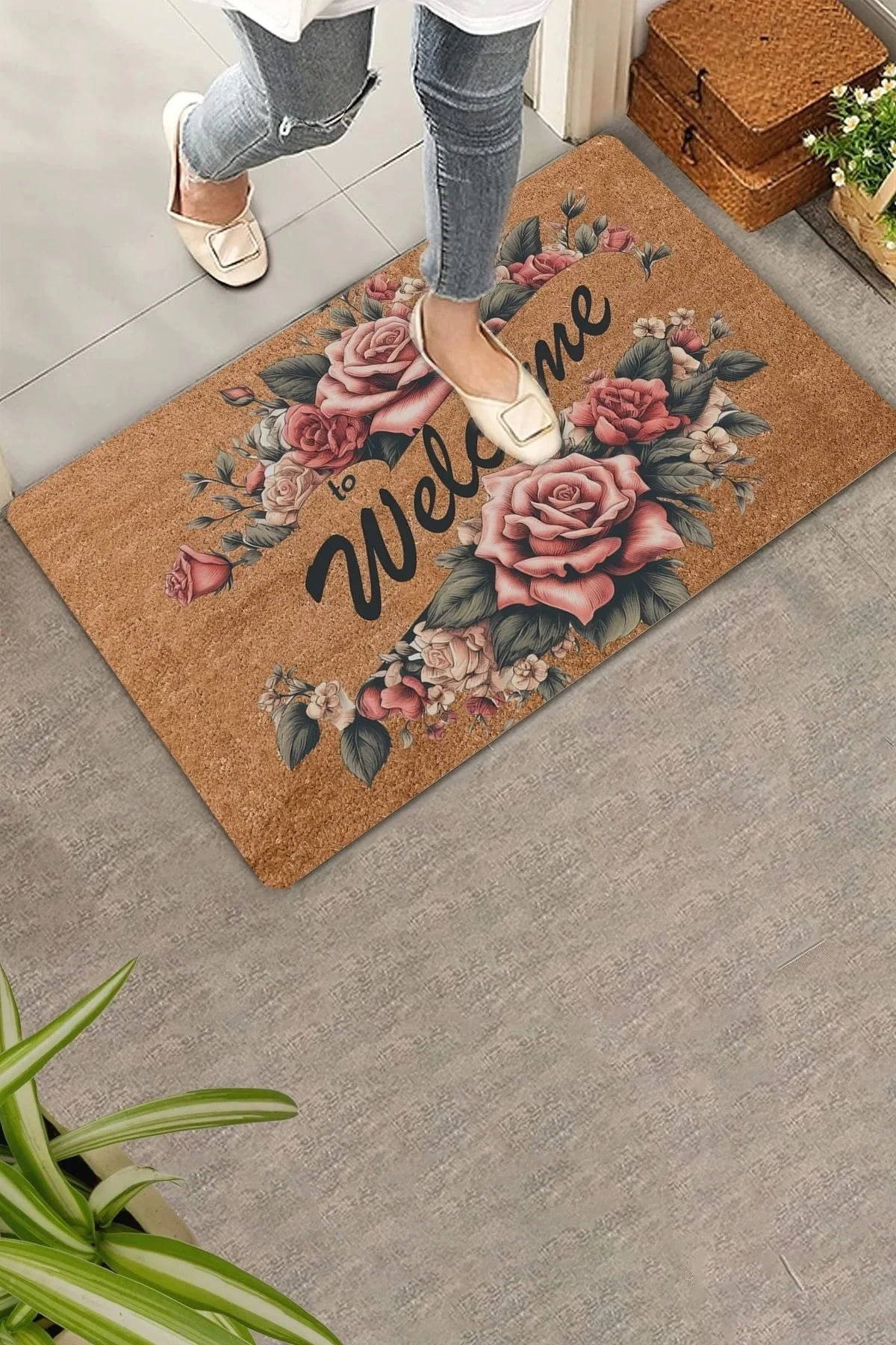 Valerine Life Kırmızı Trento Gülleri Welcome Kapı Önü Paspası 45x70cm