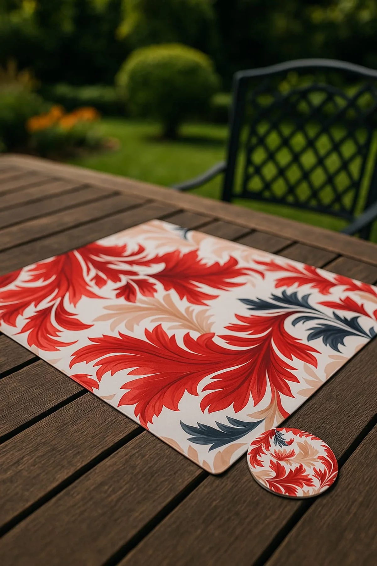 Valerine Life Kırmızı Yaprak Desenli Amerikan Deri Kaymaz Yıkanabilir Servis Altlığı 12 Parça 6 Kişilik