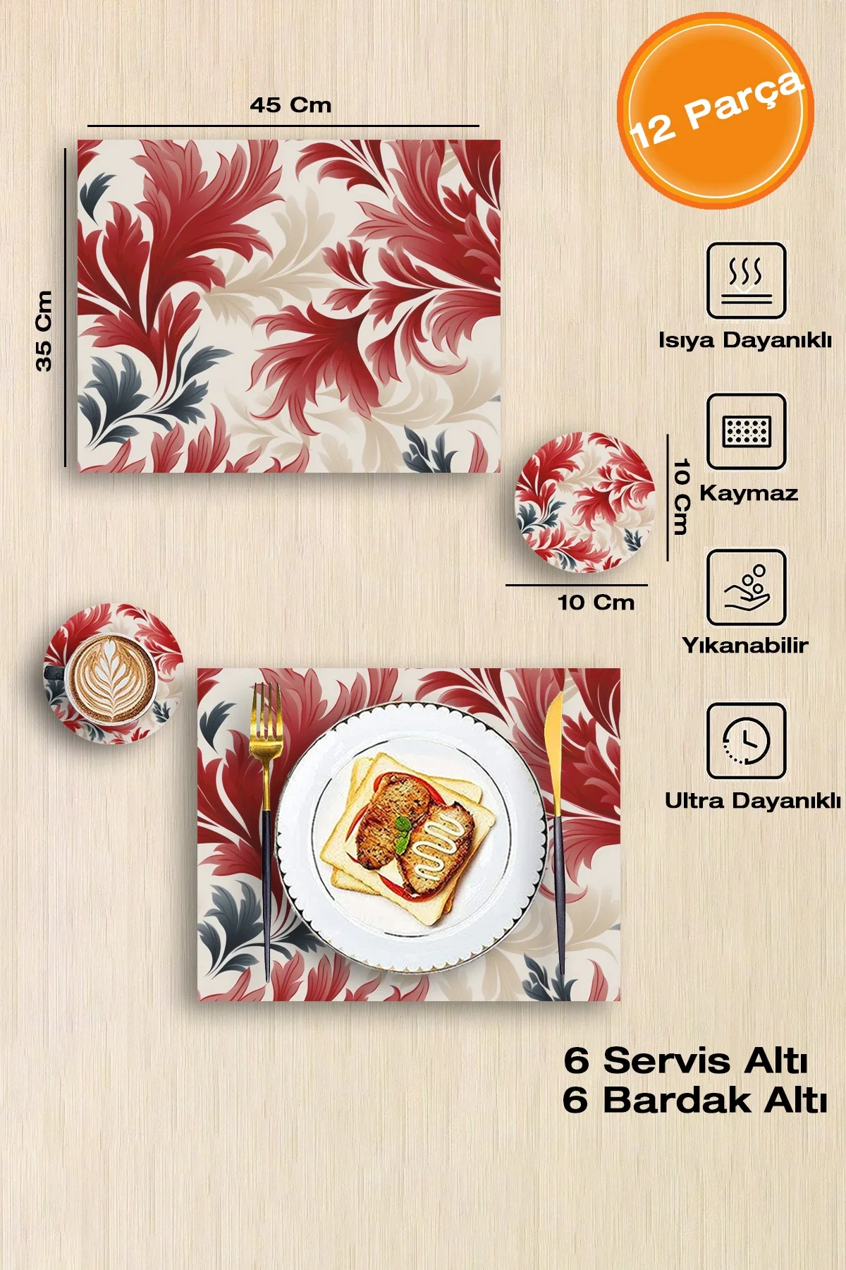 Valerine Life Kırmızı Yaprak Desenli Amerikan Deri Kaymaz Yıkanabilir Servis Altlığı 12 Parça 6 Kişilik