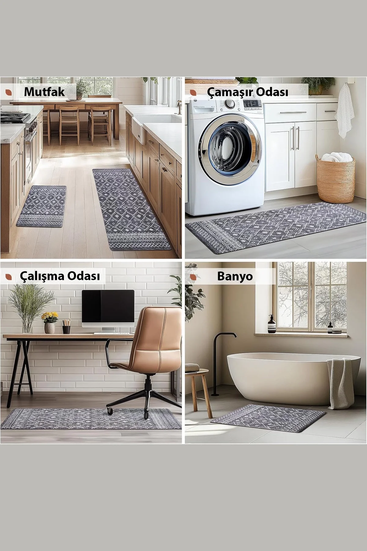 Valerine Life Kitchen Siyah Mutfak Matı Halısı Yıkanır Kaymaz Taban Tezgah Önü Paspası İkili Set