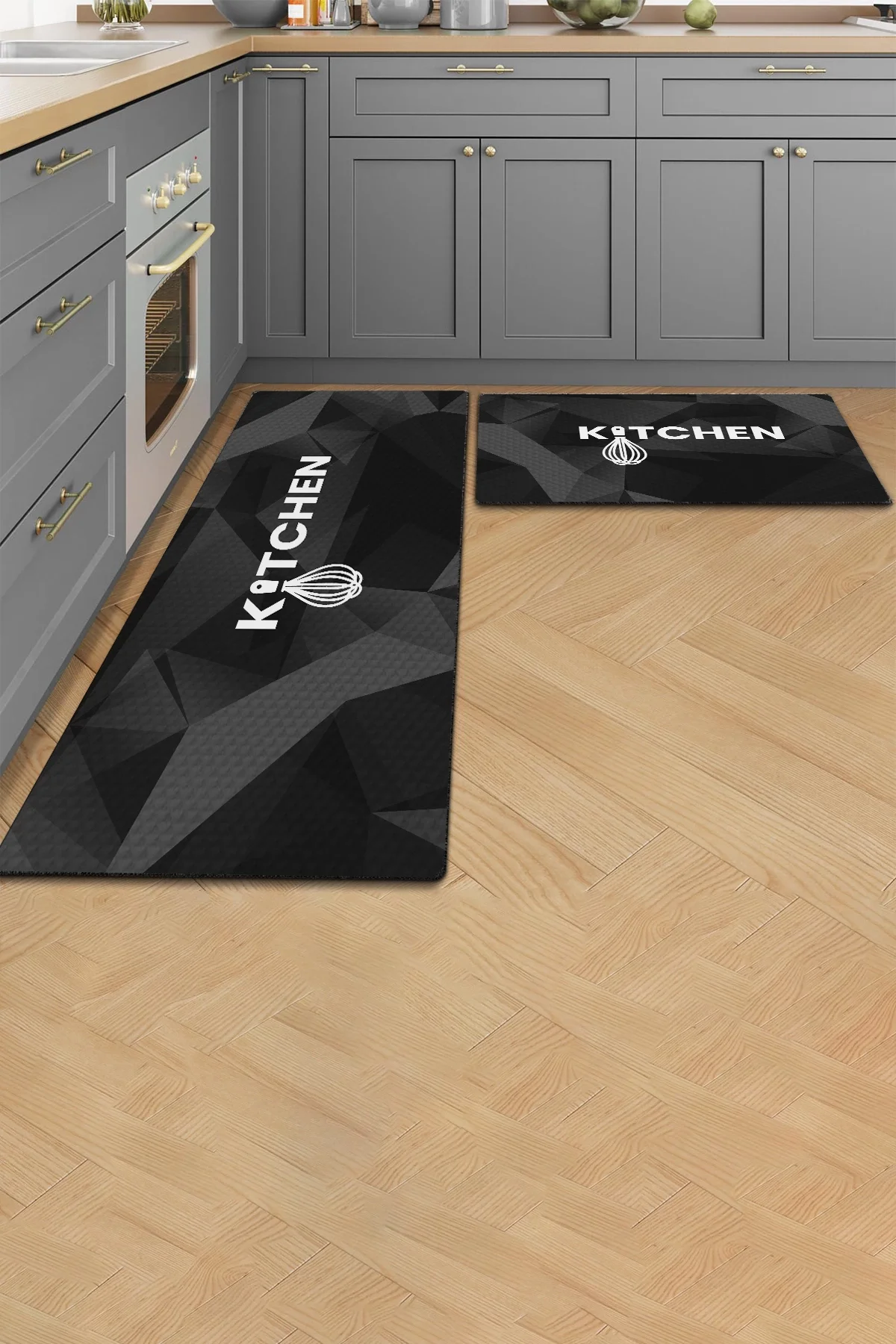 Valerine Life Kitchen Siyah Mutfak Matı Halısı Yıkanır Kaymaz Taban Tezgah Önü Paspası İkili Set