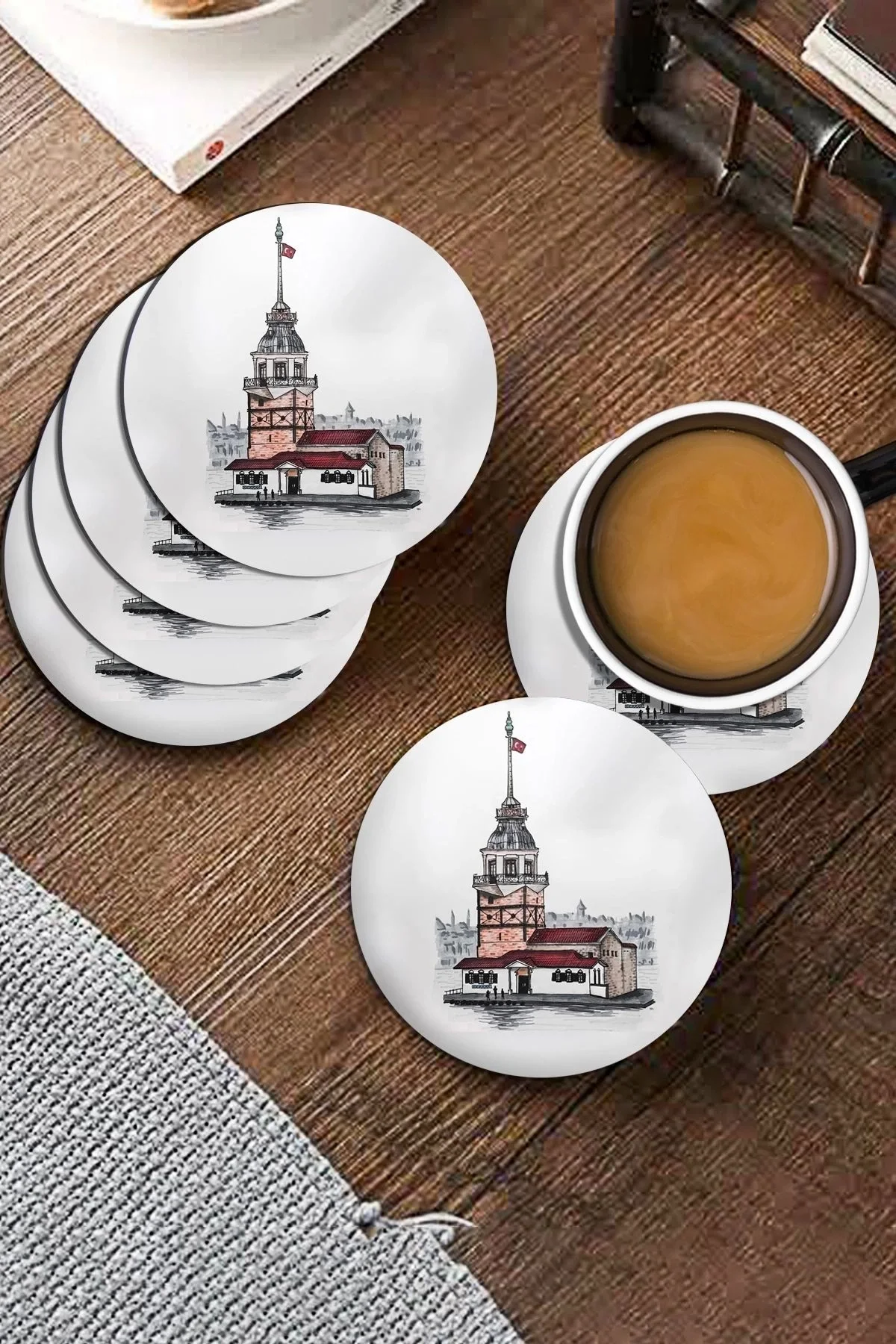 Valerine Life Kız Kulesi Figürlü Yıkanabilir Kaydırmaz Ofis Çay ve Fincan Bardak Altlığı 10x10cm 6 Adet