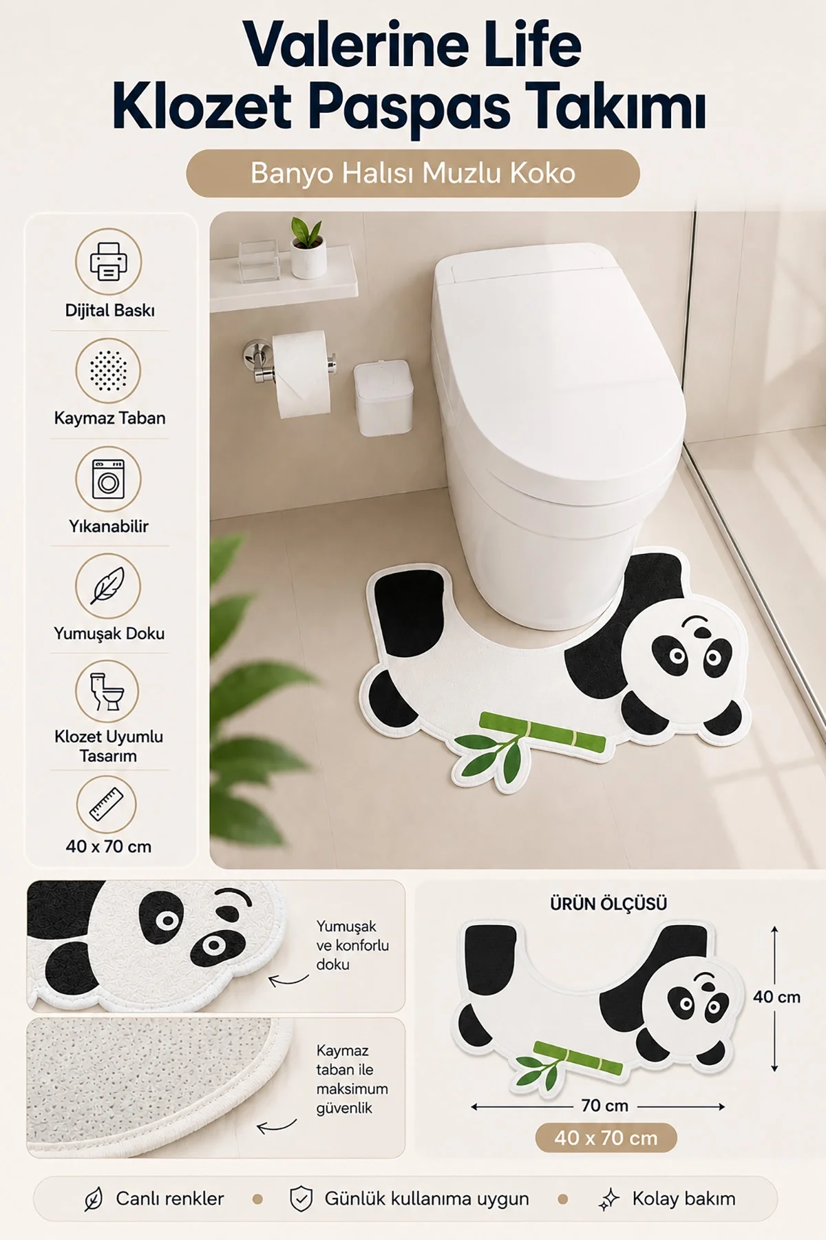 Valerine Life Klozet Paspas Takımı Banyo Halısı Panda Bambu Su Geçirmez Kaymaz Yıkanabilir 40x70cm