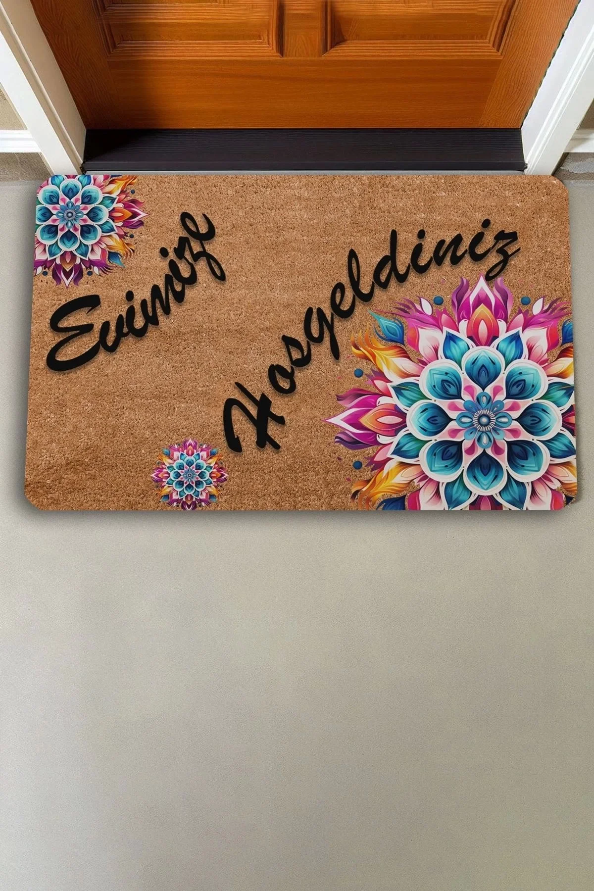 Valerine Life Mandala Mavi Çiçek Evimize Hoş Geldiniz Kapı Önü Paspası 45x70cm