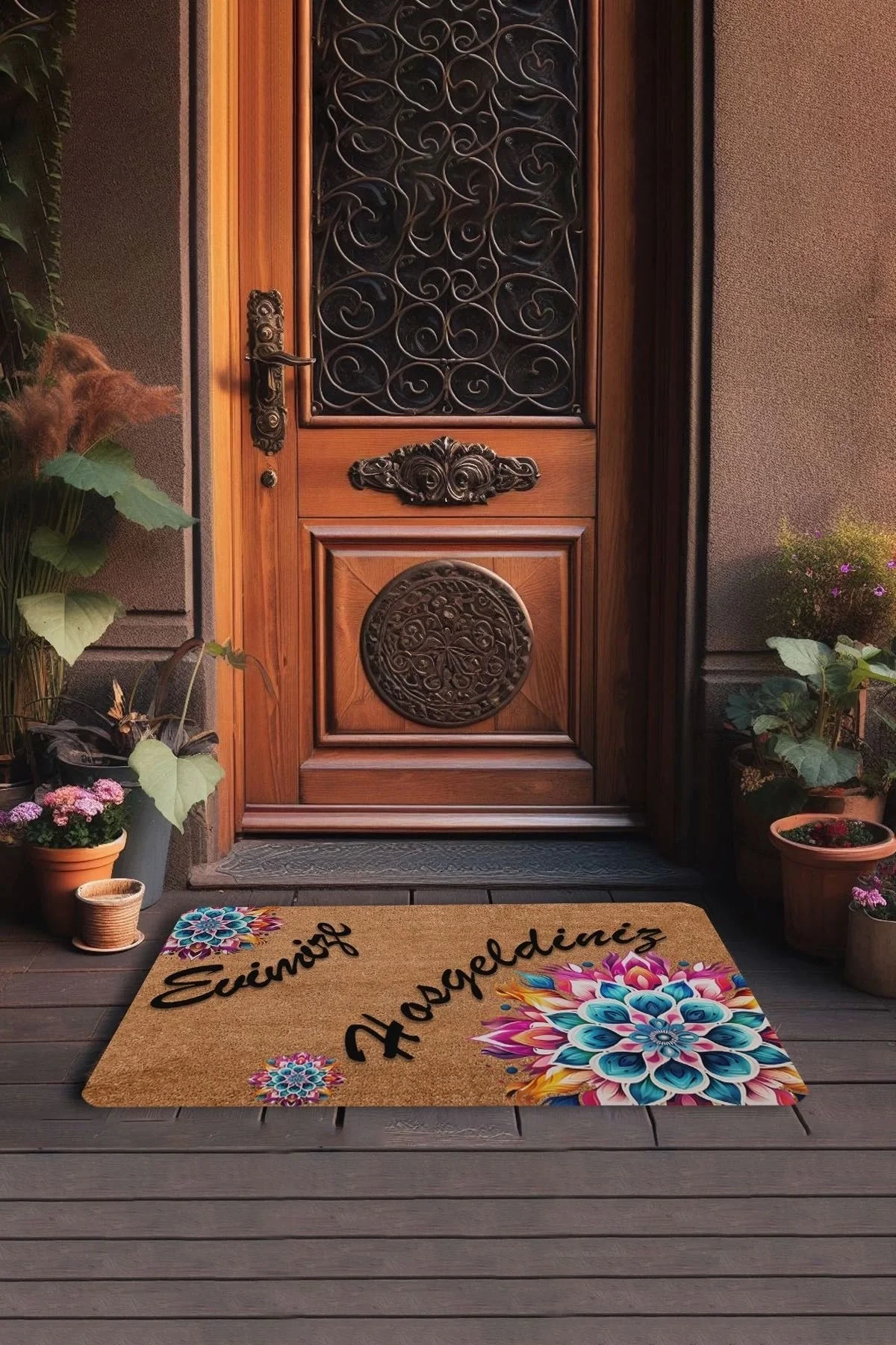 Valerine Life Mandala Mavi Çiçek Evimize Hoş Geldiniz Kapı Önü Paspası 45x70cm