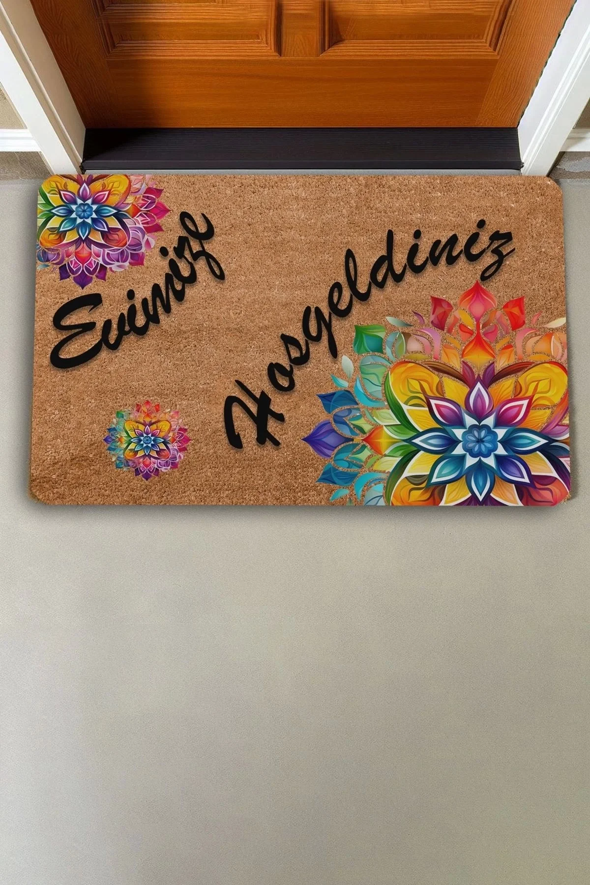 Valerine Life Mandala Turuncu Kırmızı Evimize Hoş Geldiniz Kapı Önü Paspası 45x70cm