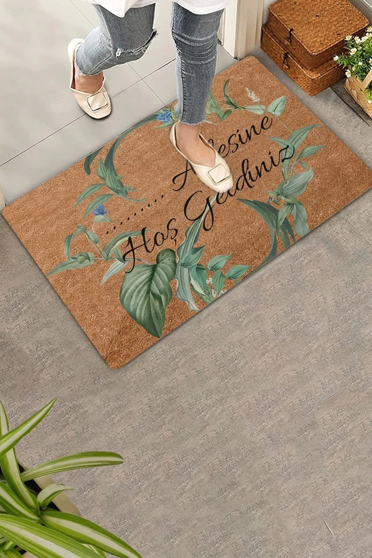 Valerine Life Mavi Papatya Yaprak Kişiye, İsme ve Aileye Özel Hoş Geldiniz Kapı Önü Paspası 45x70cm