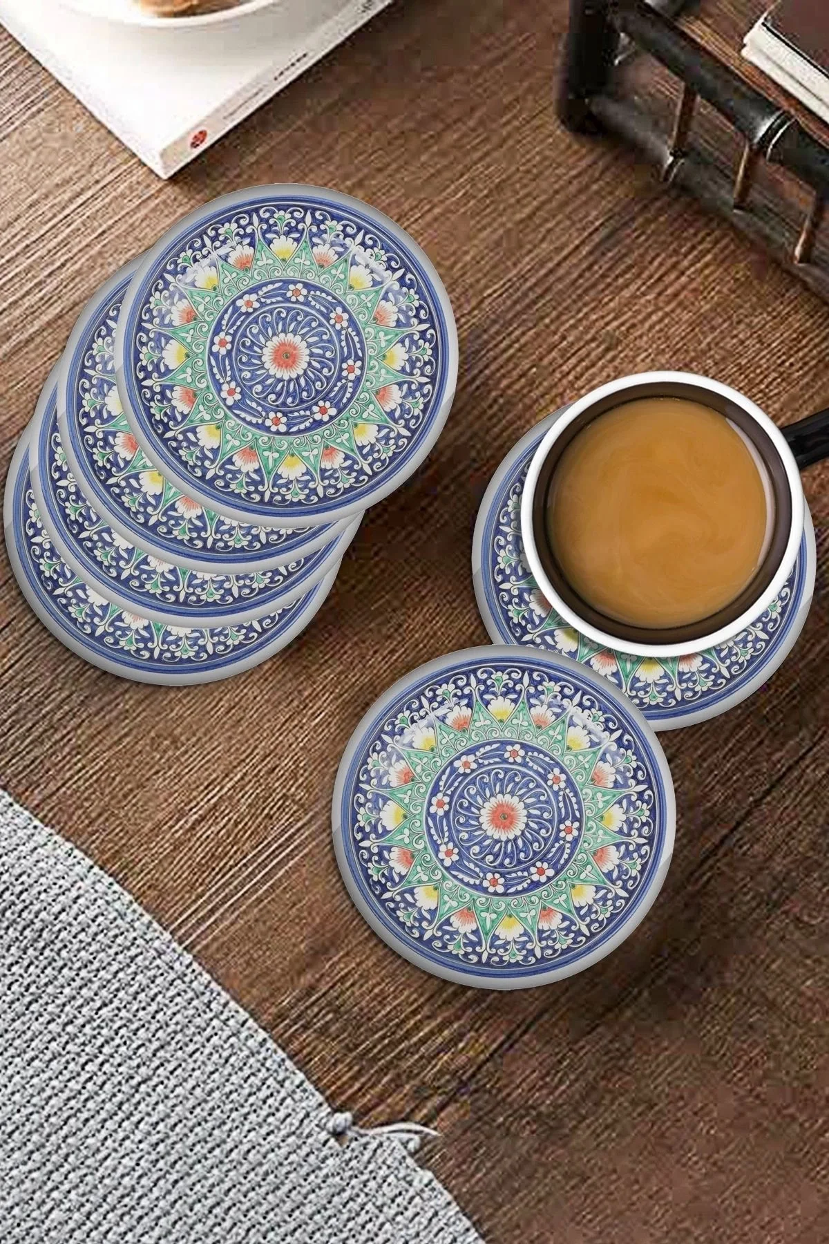 Valerine Life Mavi Radyal Çini Desenli Yıkanabilir Kaydırmaz Ofis Çay ve Fincan Bardak Altlığı 10x10cm 6 Adet