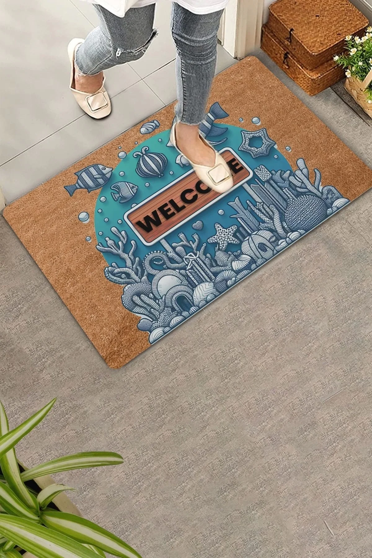 Valerine Life Melek Balıkları ve Deniz Bitkileri Welcome Kapı Önü Paspası 45x70cm