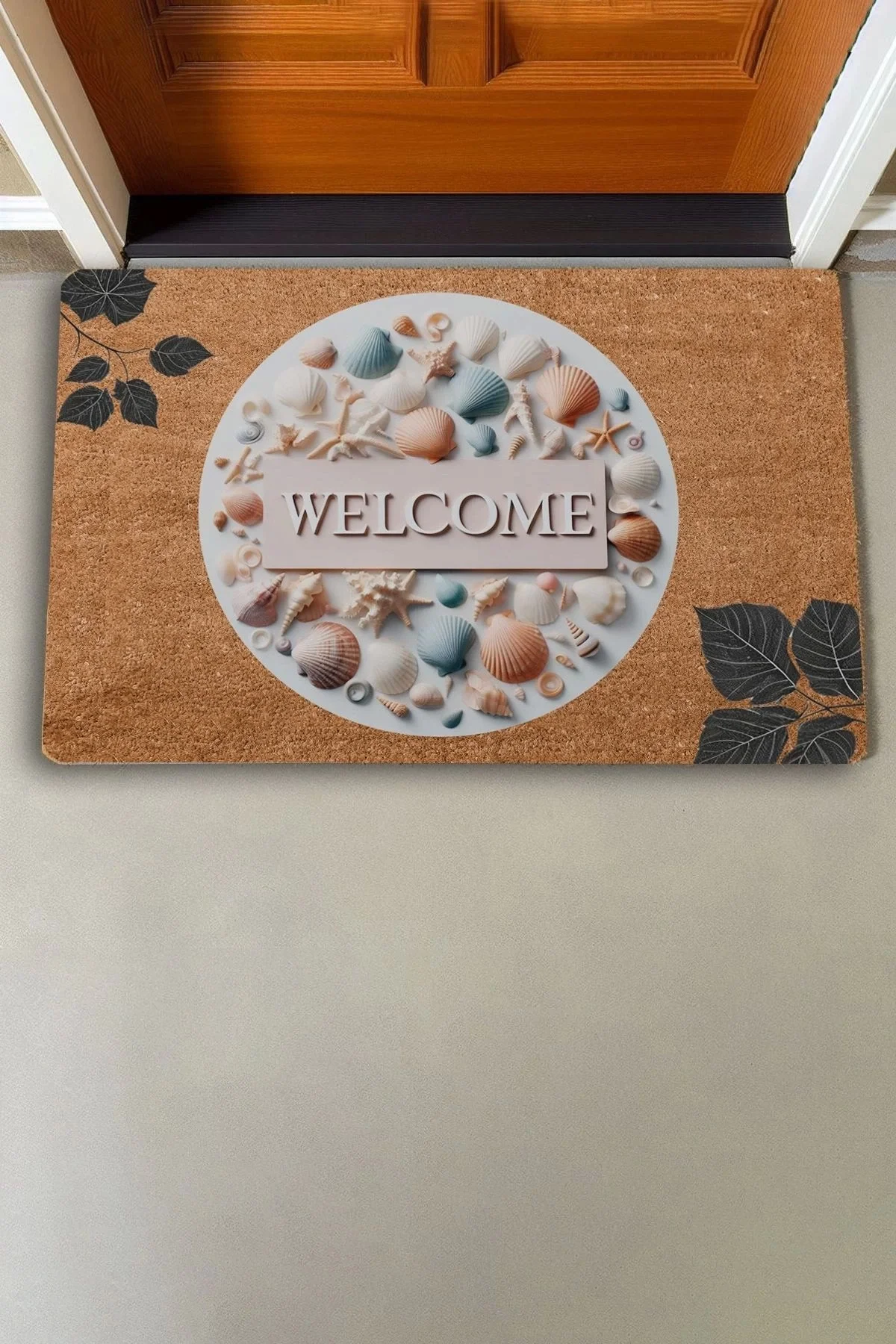 Valerine Life Midye Kabuklu ve Yaprak Desenli Welcome Kapı Önü Paspası 45x70cm