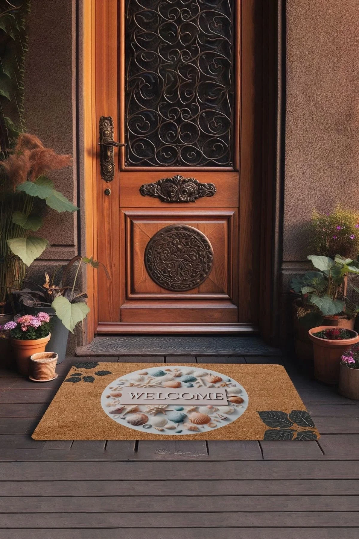 Valerine Life Midye Kabuklu ve Yaprak Desenli Welcome Kapı Önü Paspası 45x70cm
