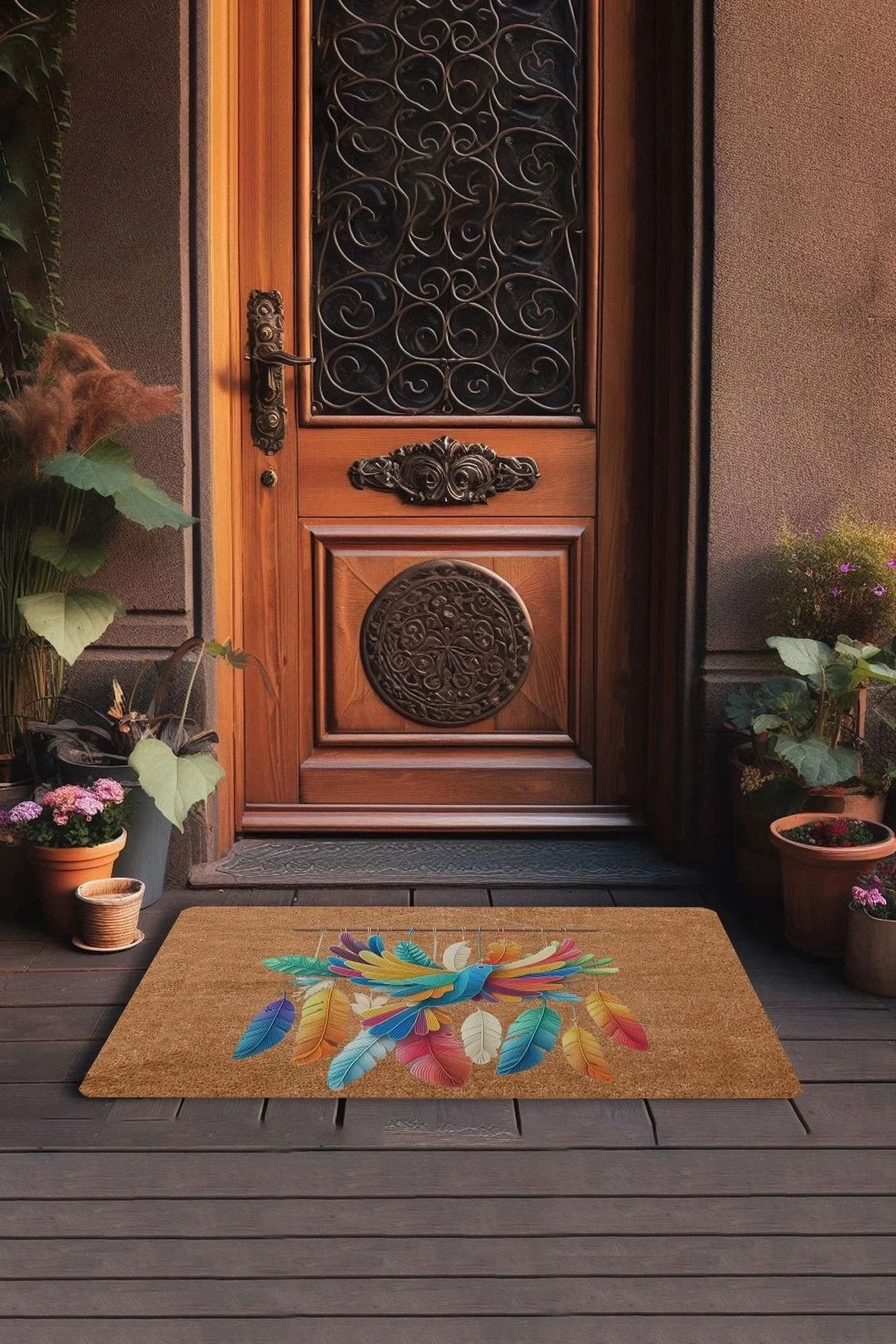 Valerine Life Nakış Desenli Kuş ve Renkli Tüyler Welcome Kapı Önü Paspası 45x70cm