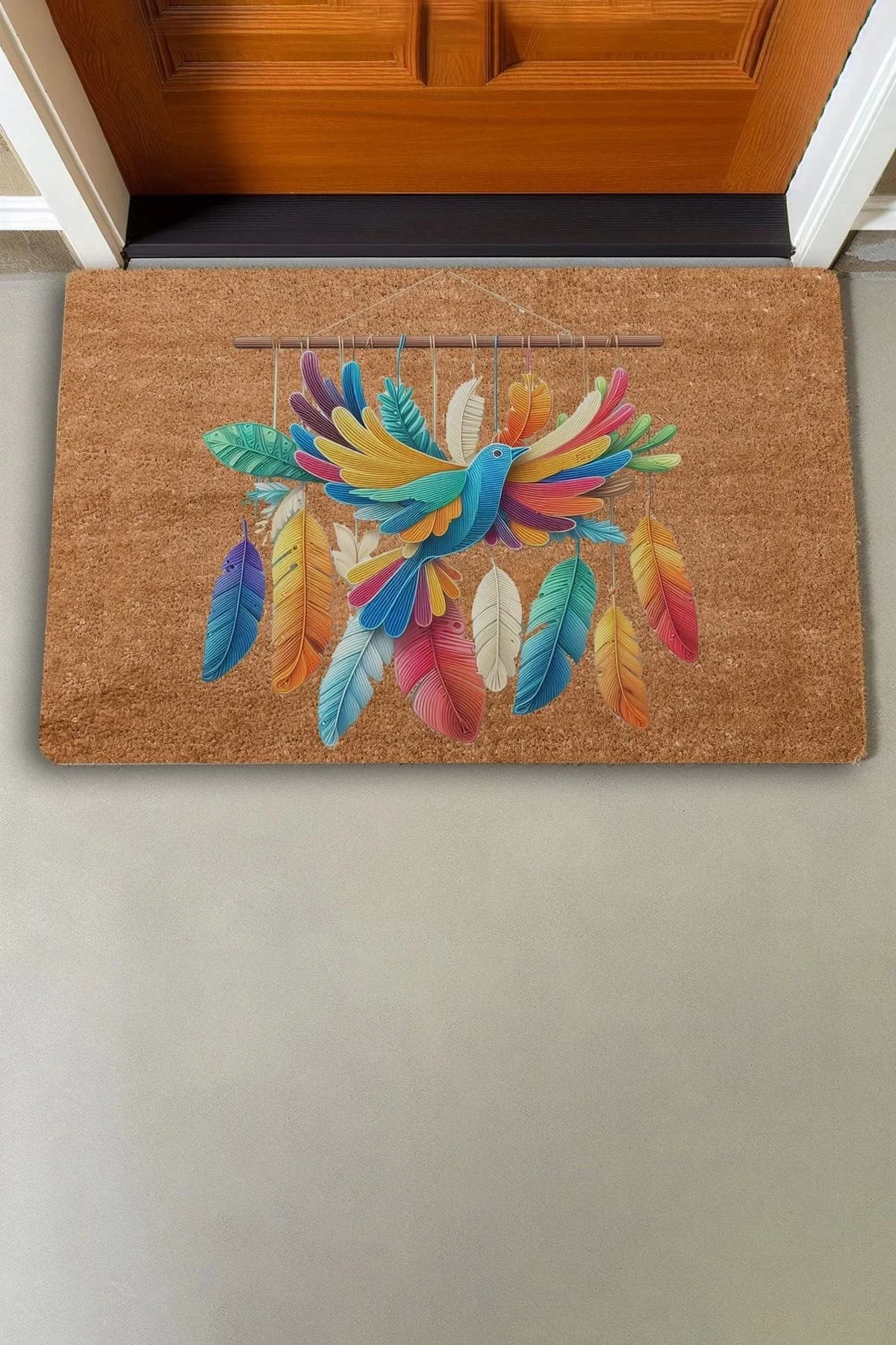 Valerine Life Nakış Desenli Kuş ve Renkli Tüyler Welcome Kapı Önü Paspası 45x70cm