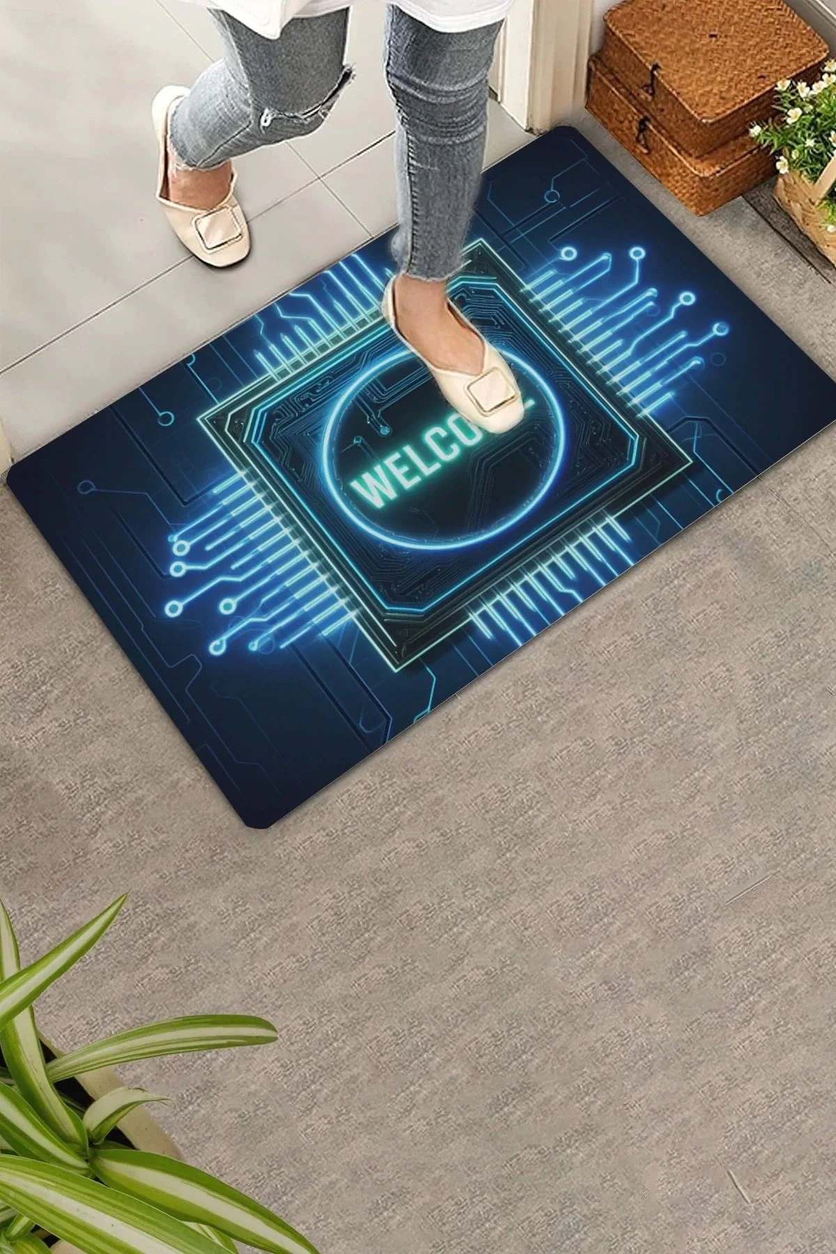 Valerine Life Neon Çip ve Devre Desenli Welcome Kapı Önü Paspası 45x70cm