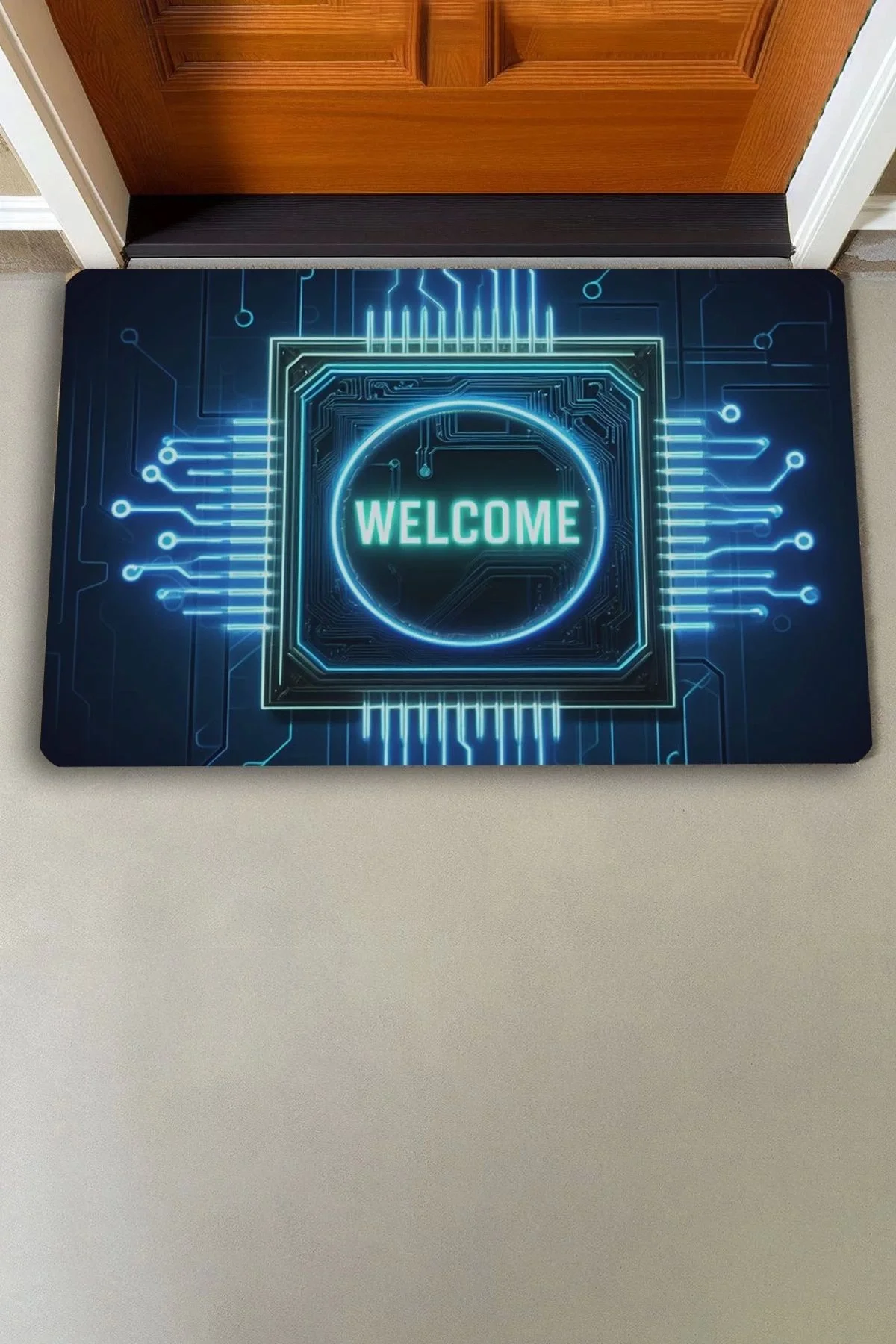 Valerine Life Neon Çip ve Devre Desenli Welcome Kapı Önü Paspası 45x70cm