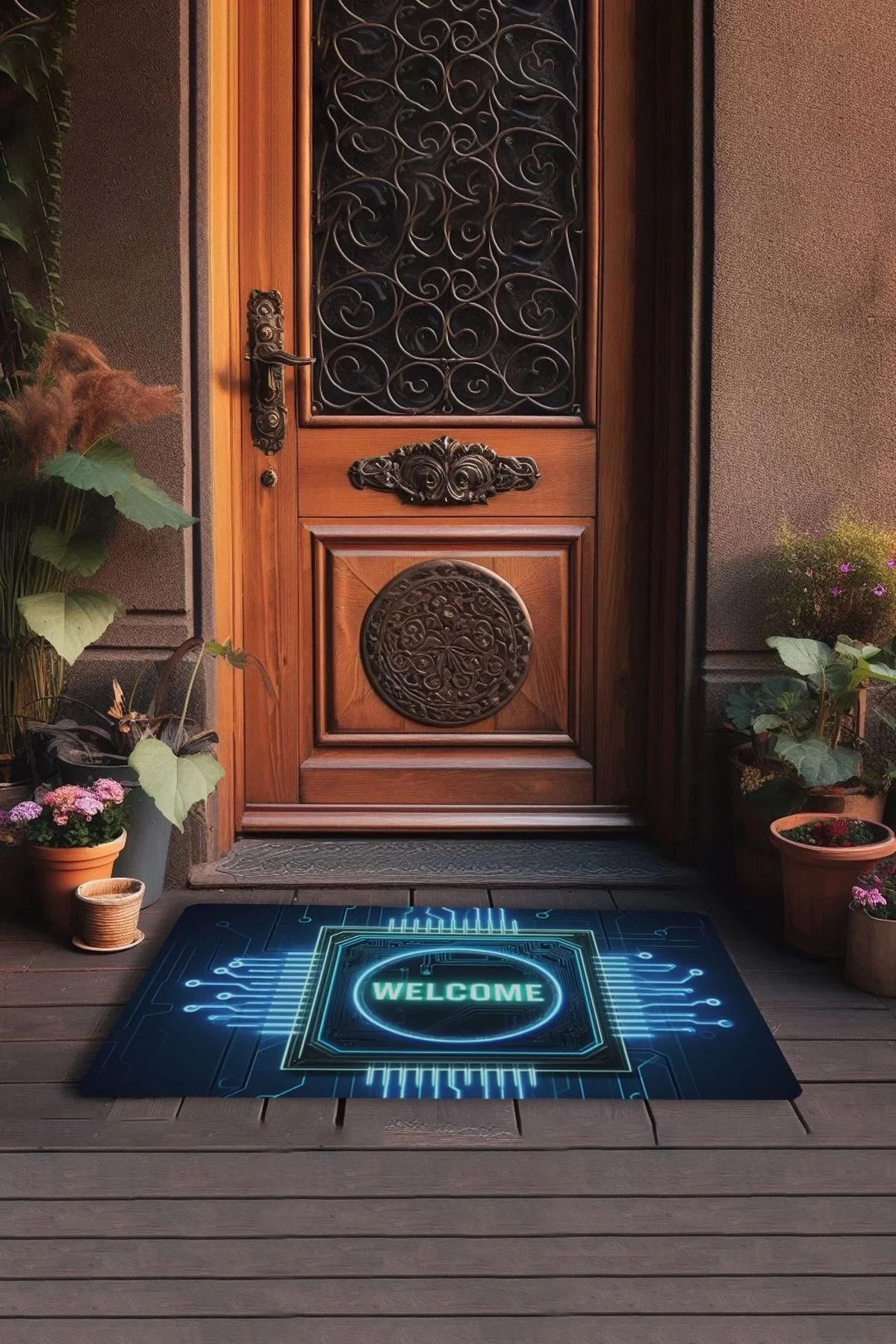 Valerine Life Neon Çip ve Devre Desenli Welcome Kapı Önü Paspası 45x70cm