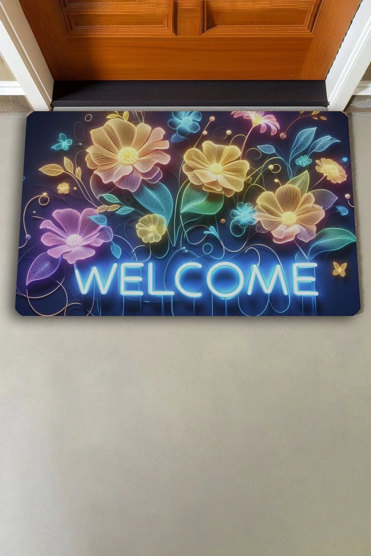 Valerine Life Neon Nilüfer Çiçekleri Welcome Kapı Önü Paspası 45x70cm