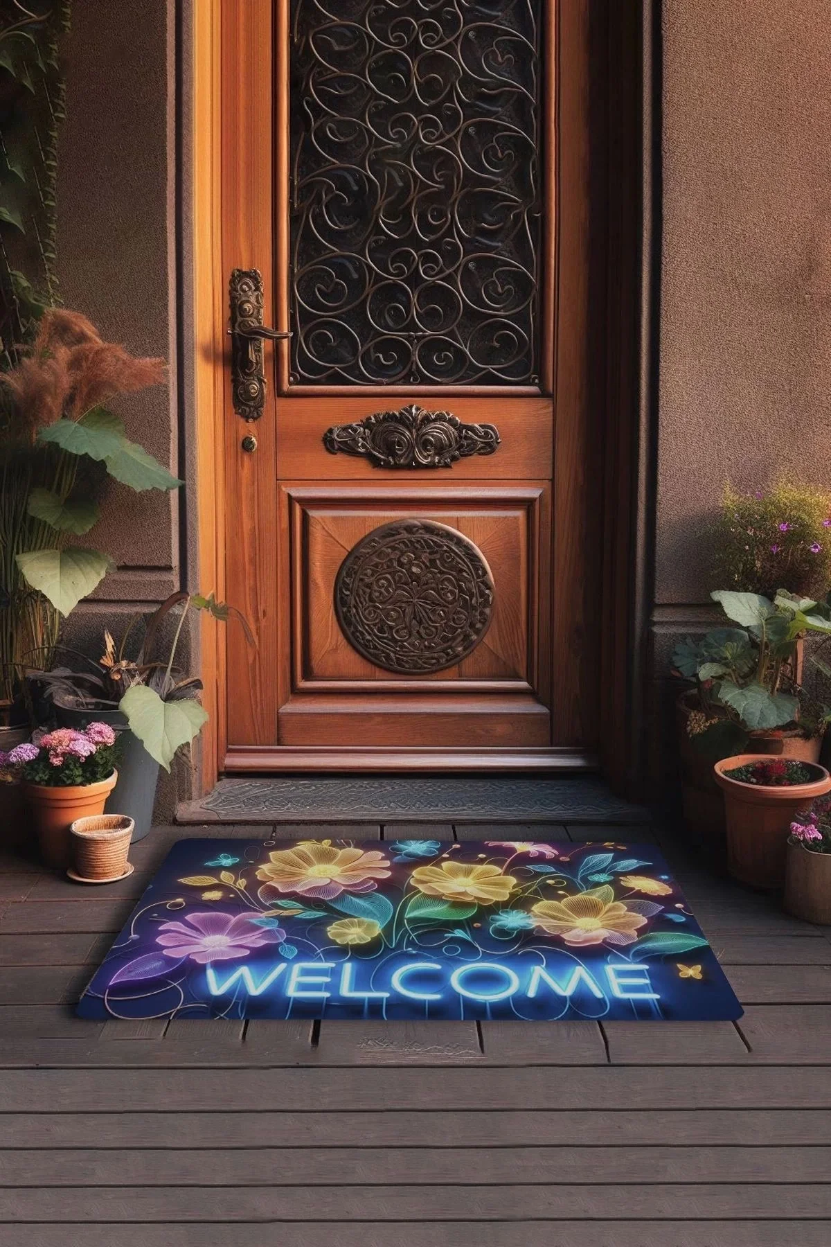 Valerine Life Neon Nilüfer Çiçekleri Welcome Kapı Önü Paspası 45x70cm