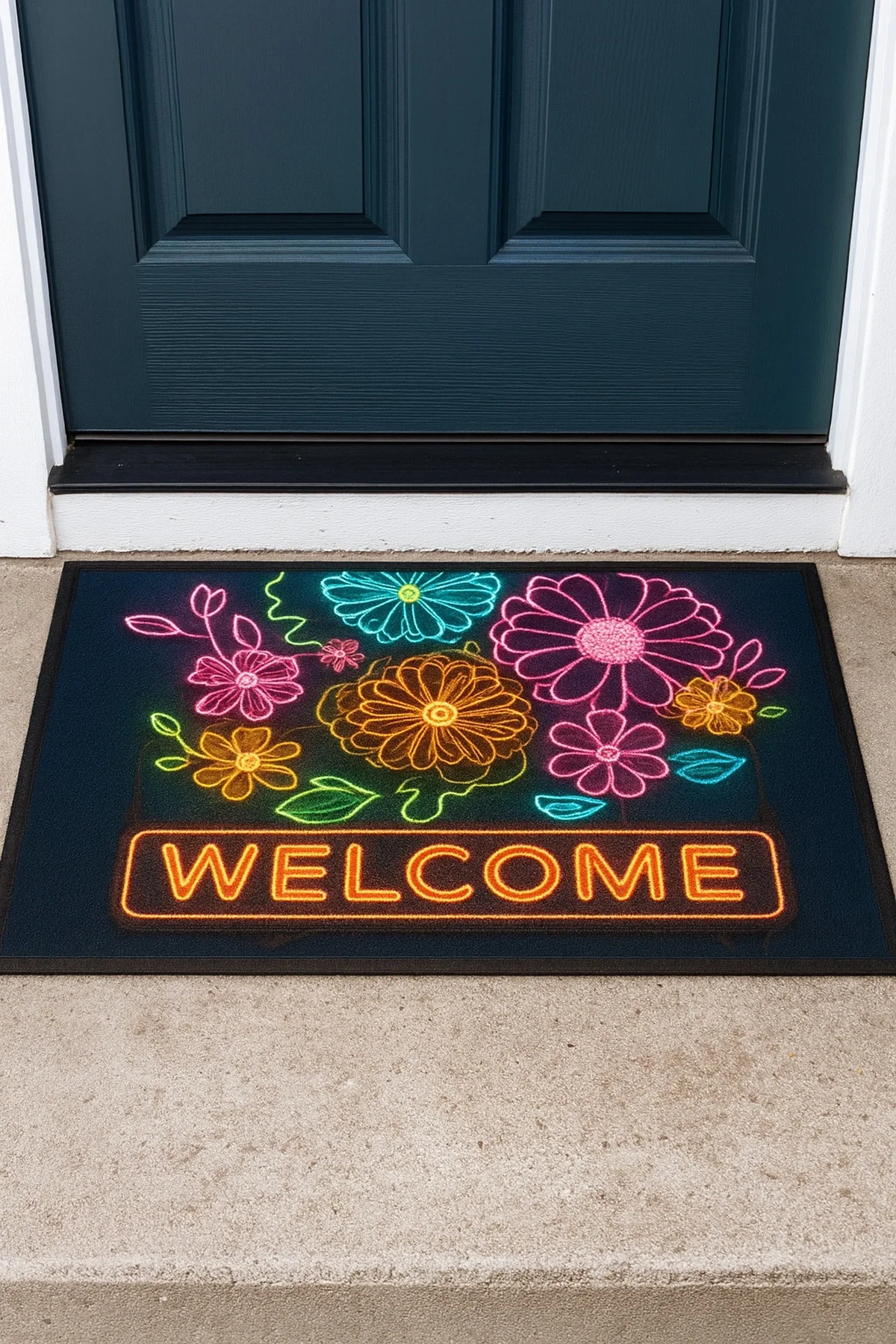 Valerine Life Neon Papatya Çiçekleri Kaymaz Tabanlı Hoş Geldiniz Welcome Kapı Önü Paspası 45x70cm