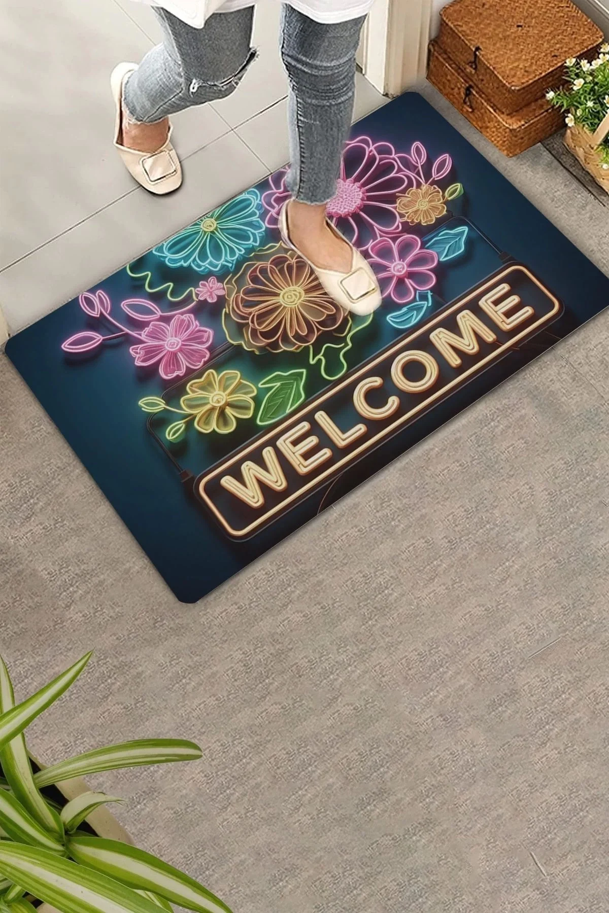 Valerine Life Neon Papatya Çiçekleri Kaymaz Tabanlı Hoş Geldiniz Welcome Kapı Önü Paspası 45x70cm