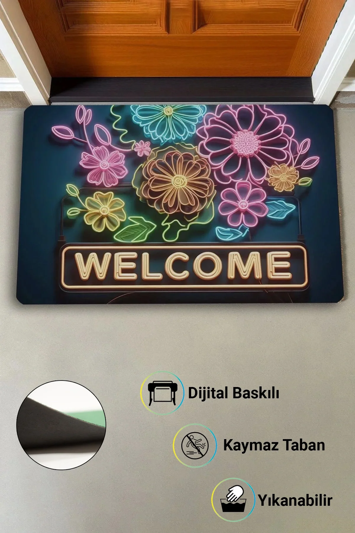 Valerine Life Neon Papatya Çiçekleri Kaymaz Tabanlı Hoş Geldiniz Welcome Kapı Önü Paspası 45x70cm