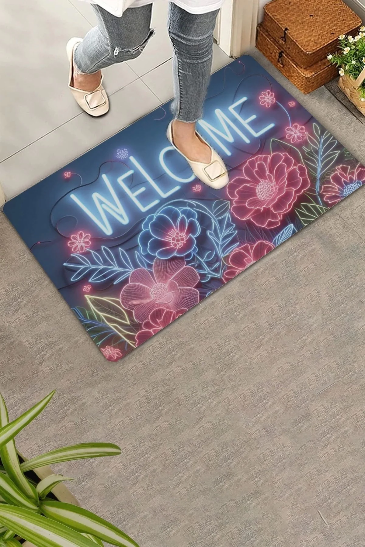 Valerine Life Neon Zambak Çiçekleri Welcome Kapı Önü Paspası 45x70cm