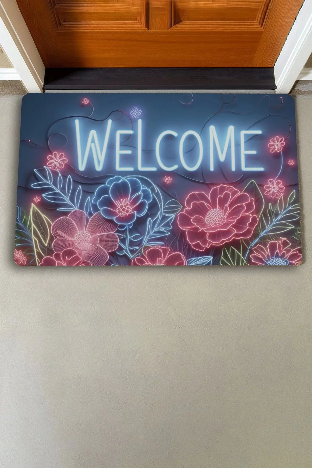Valerine Life Neon Zambak Çiçekleri Welcome Kapı Önü Paspası 45x70cm