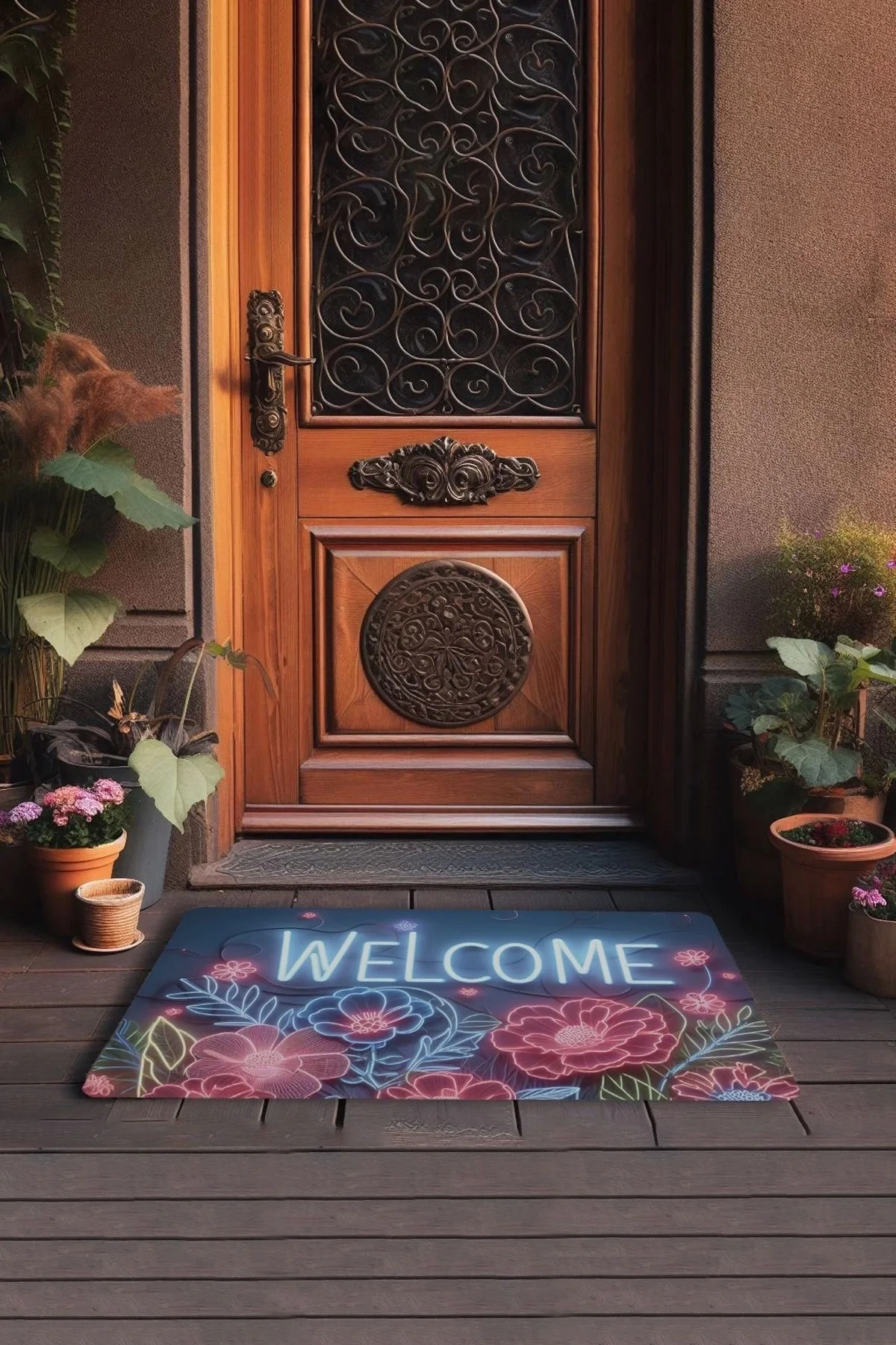 Valerine Life Neon Zambak Çiçekleri Welcome Kapı Önü Paspası 45x70cm