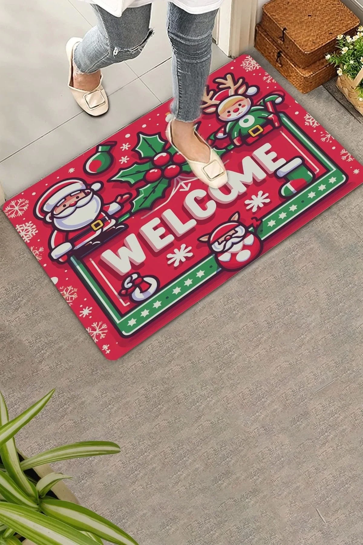 Valerine Life Noel Baba ve Çınar Yaprağı Welcome Kapı Önü Paspası 45x70cm