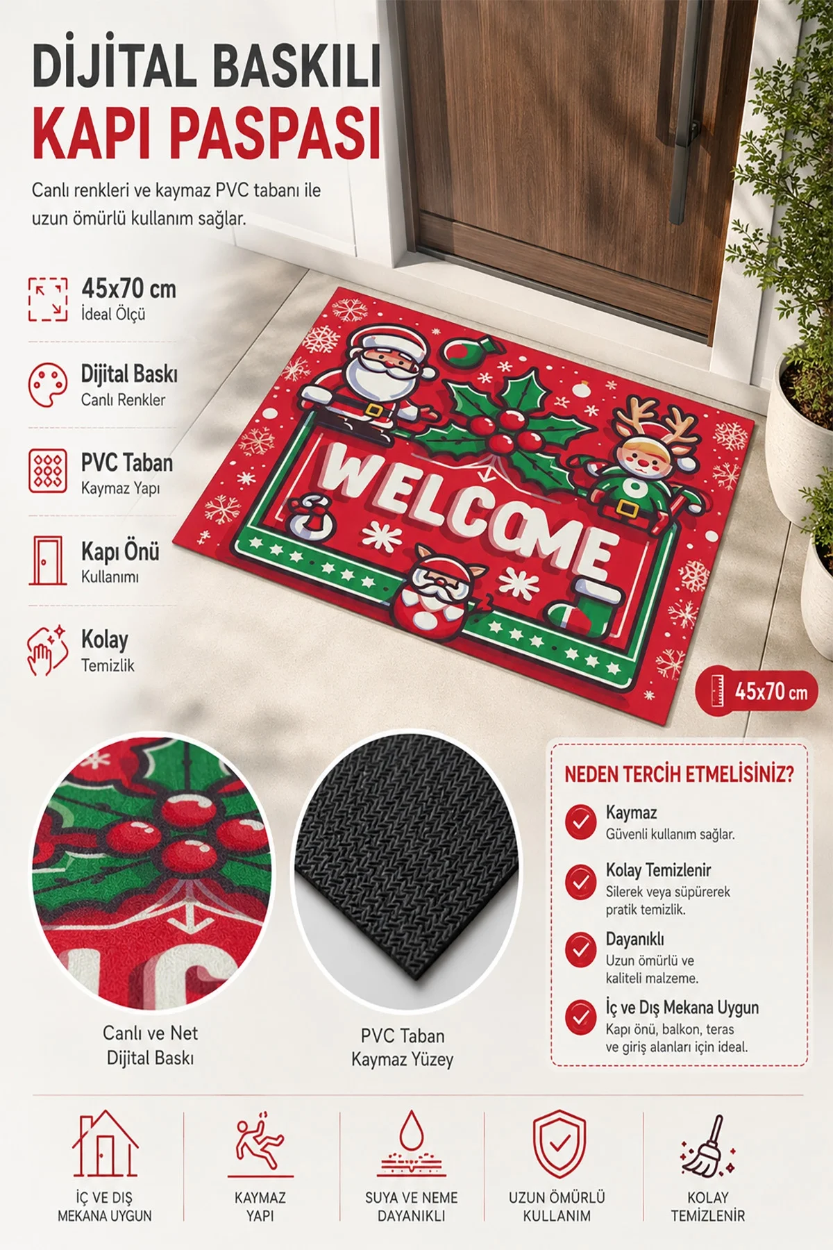 Valerine Life Noel Baba ve Çınar Yaprağı Welcome Ev işyeri iç Dış Kapı Önü Paspası 45x70cm