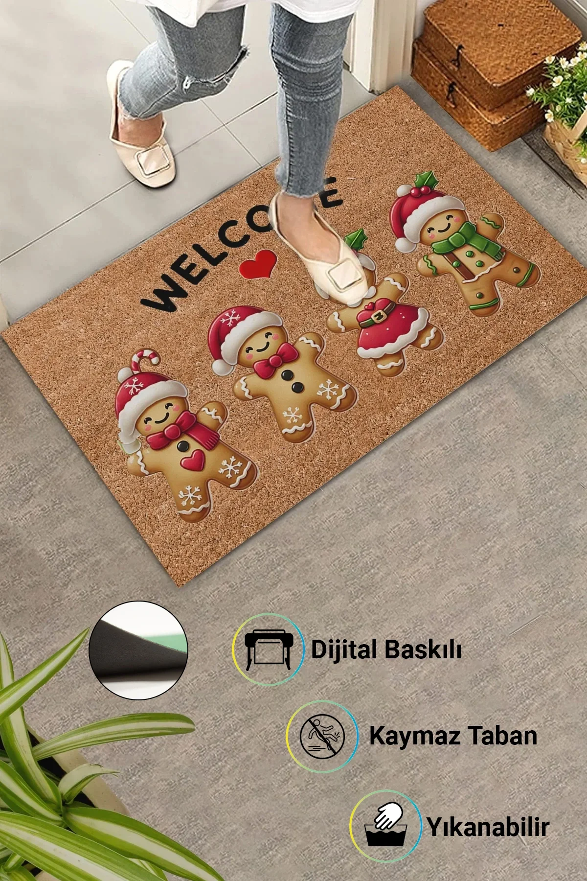 Valerine Life Noel Yılbaşı Kurabiyeleri Kırmızı Kahverengi Welcome Hoş Geldiniz Kapı Önü Paspası 45x70cm