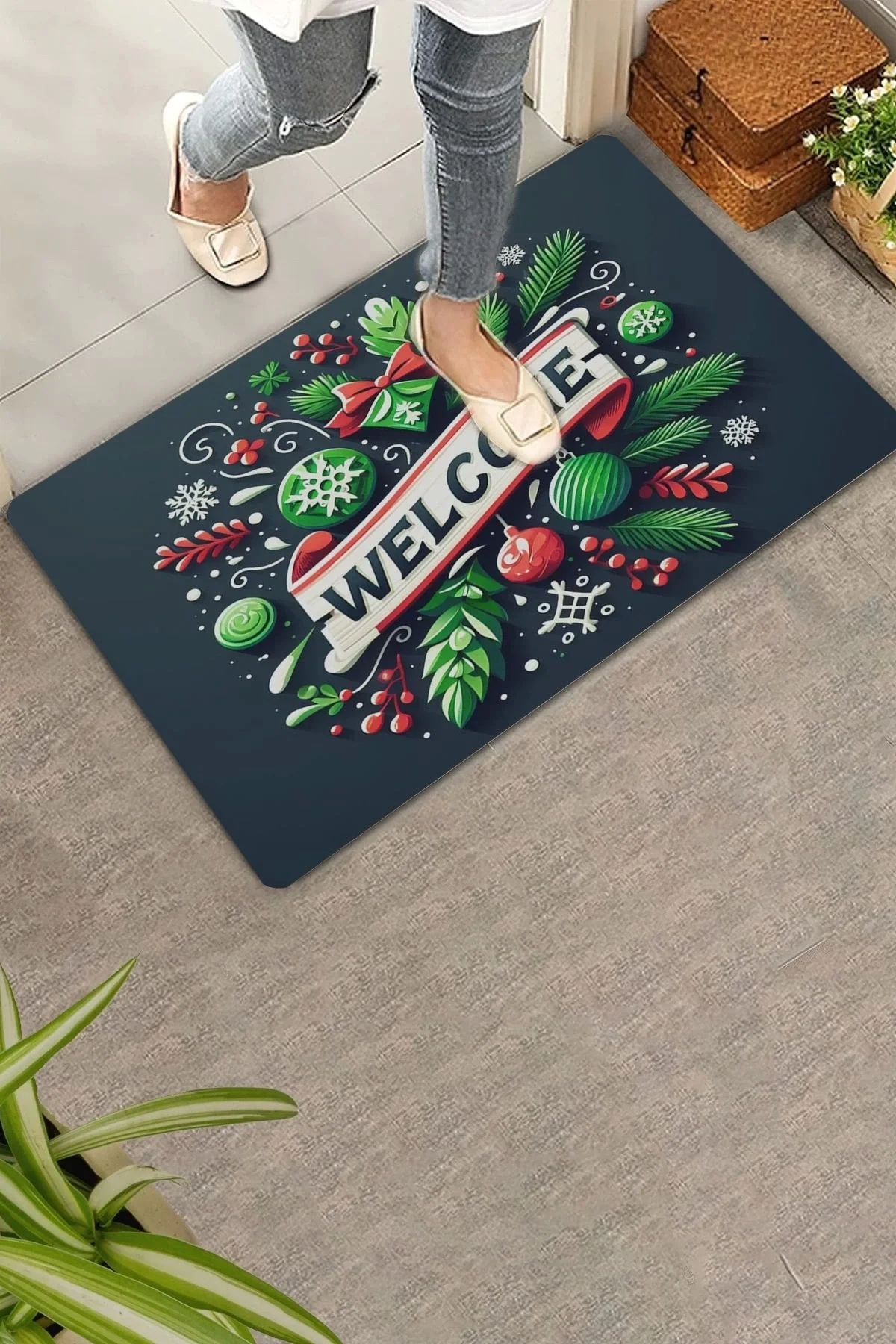 Valerine Life Noel Yılbaşı Topları ve Yeşil Yapraklar Welcome Kapı Önü Paspası 45x70cm