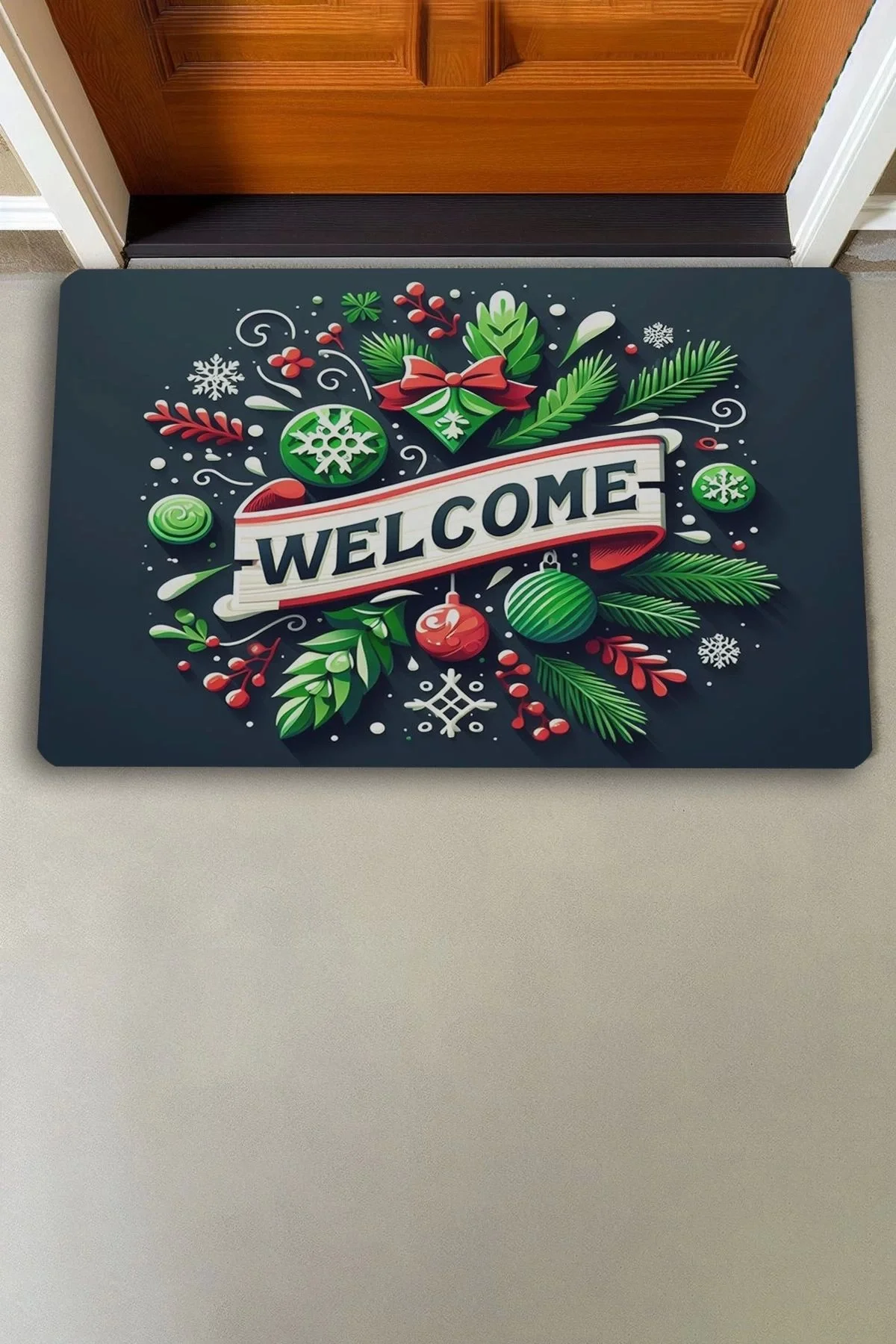 Valerine Life Noel Yılbaşı Topları ve Yeşil Yapraklar Welcome Kapı Önü Paspası 45x70cm