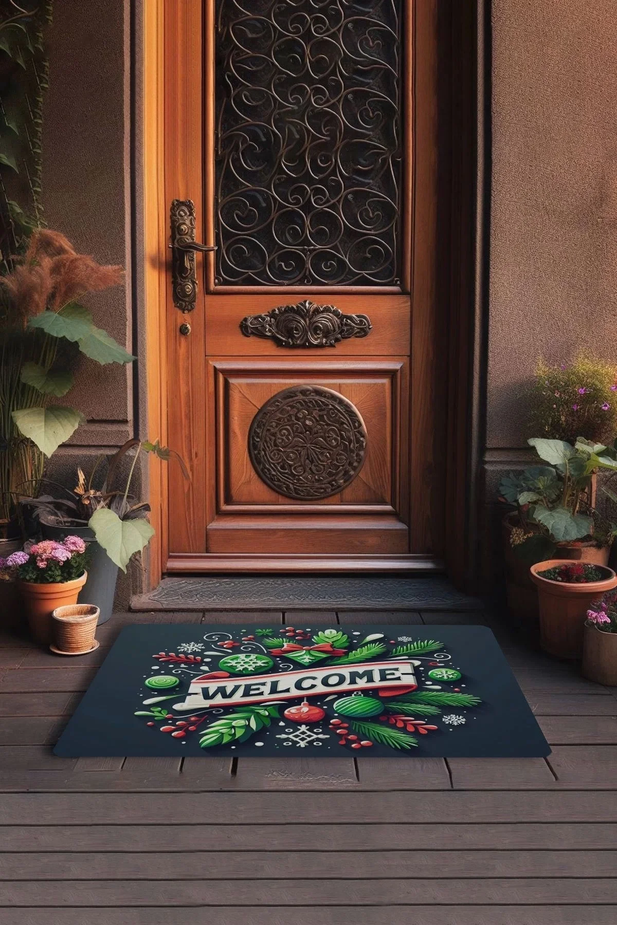 Valerine Life Noel Yılbaşı Topları ve Yeşil Yapraklar Welcome Kapı Önü Paspası 45x70cm