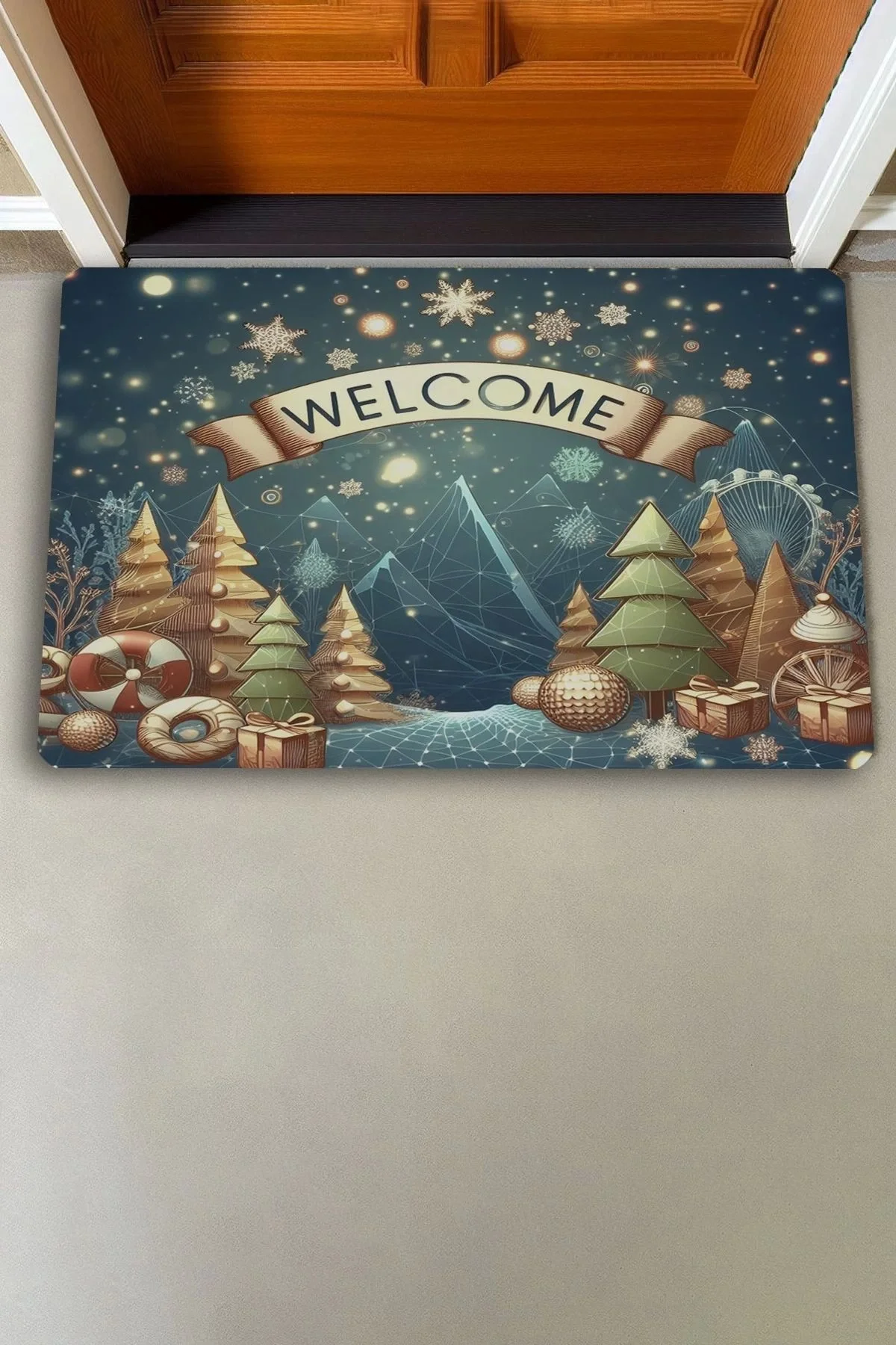 Valerine Life Noel Yıldızı ve Yılbaşı Çam Ağaçları Welcome Kapı Önü Paspası 45x70cm