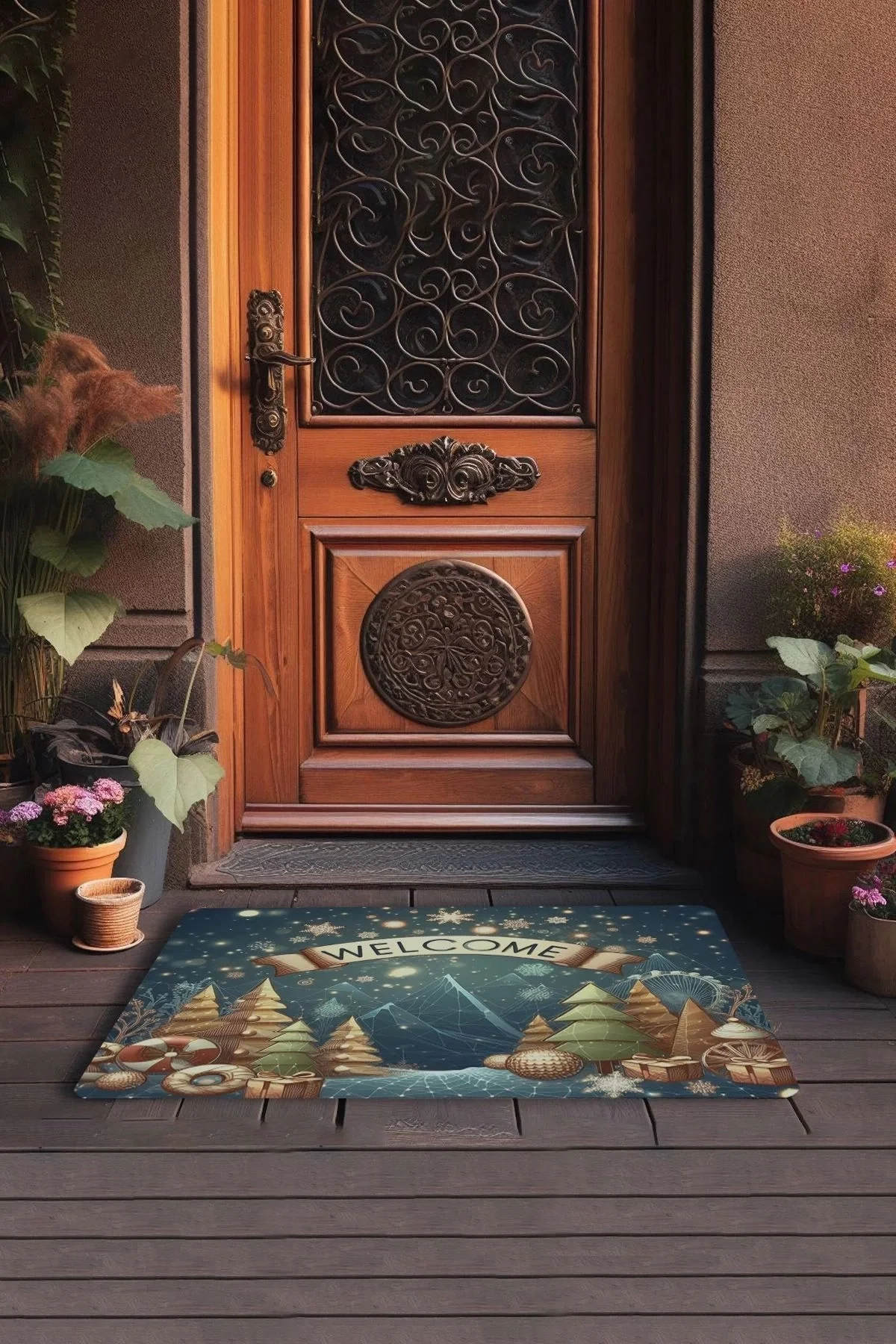 Valerine Life Noel Yıldızı ve Yılbaşı Çam Ağaçları Welcome Kapı Önü Paspası 45x70cm