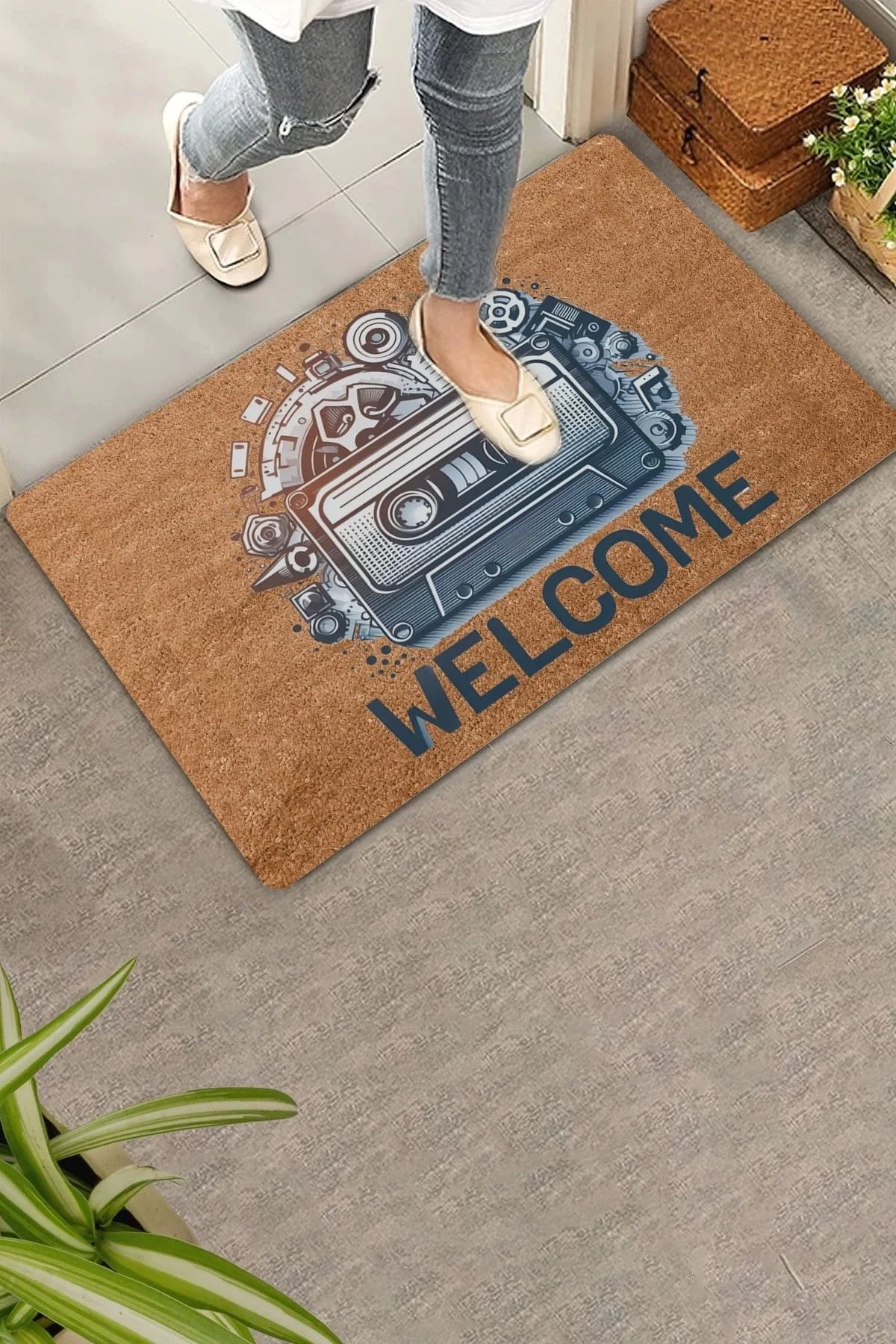 Valerine Life Nostaljik Kaset ve Müzik Çarkları Welcome Kapı Önü Paspası 45x70cm
