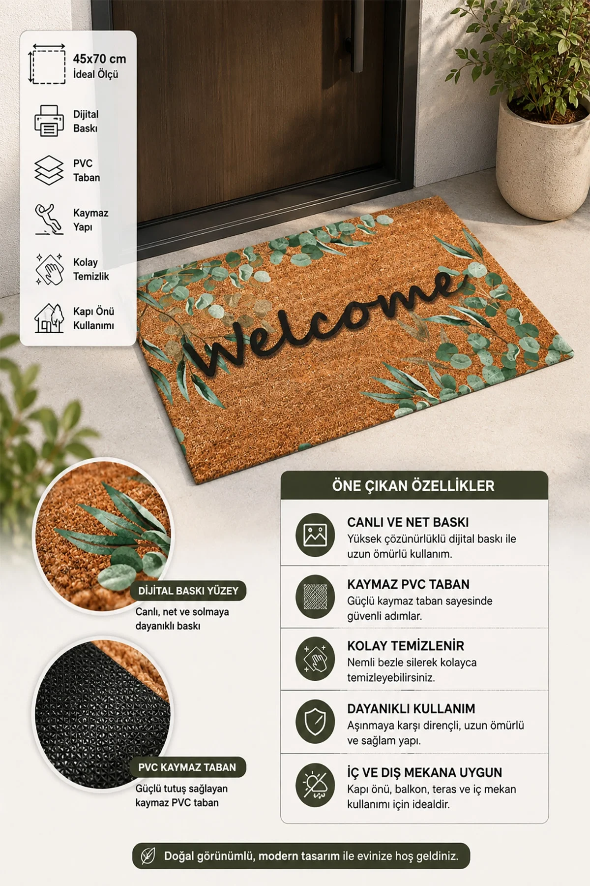 Valerine Life Okaliptüs Yaprakları Welcome Ev işyeri iç Dış Kapı Önü Paspası 45x70cm
