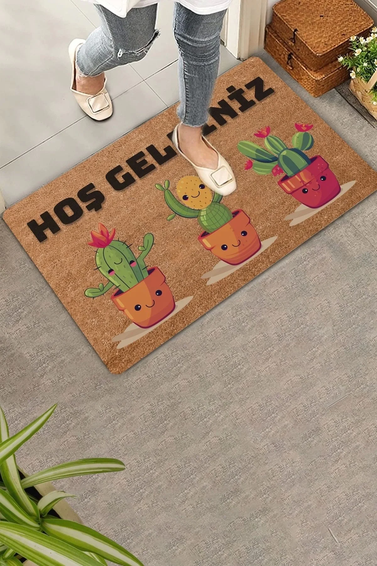 Valerine Life Opuntia Tavşan Kulağı Üçlü Sevimli Kaktüsler Hoş Geldiniz Kapı Önü Paspası 45x70cm