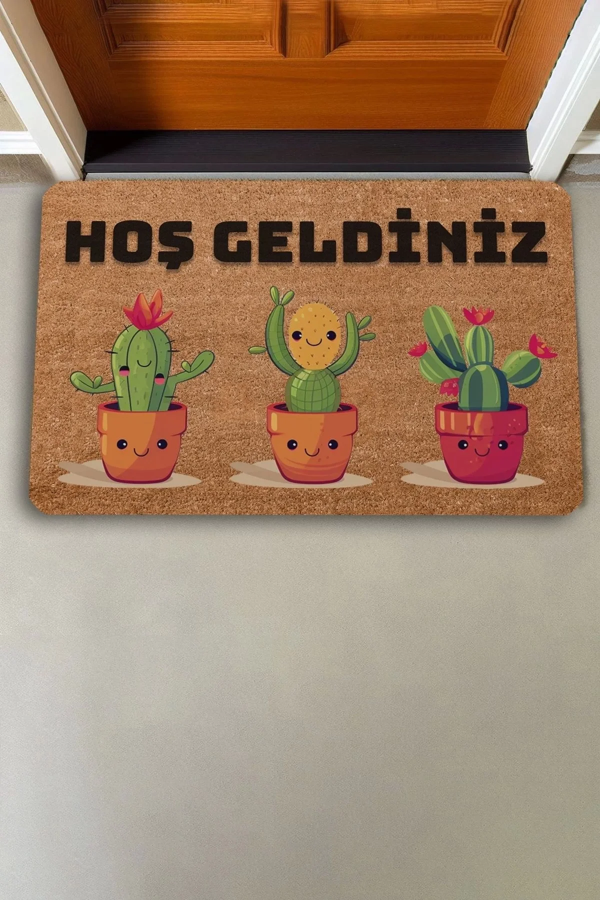 Valerine Life Opuntia Tavşan Kulağı Üçlü Sevimli Kaktüsler Hoş Geldiniz Kapı Önü Paspası 45x70cm