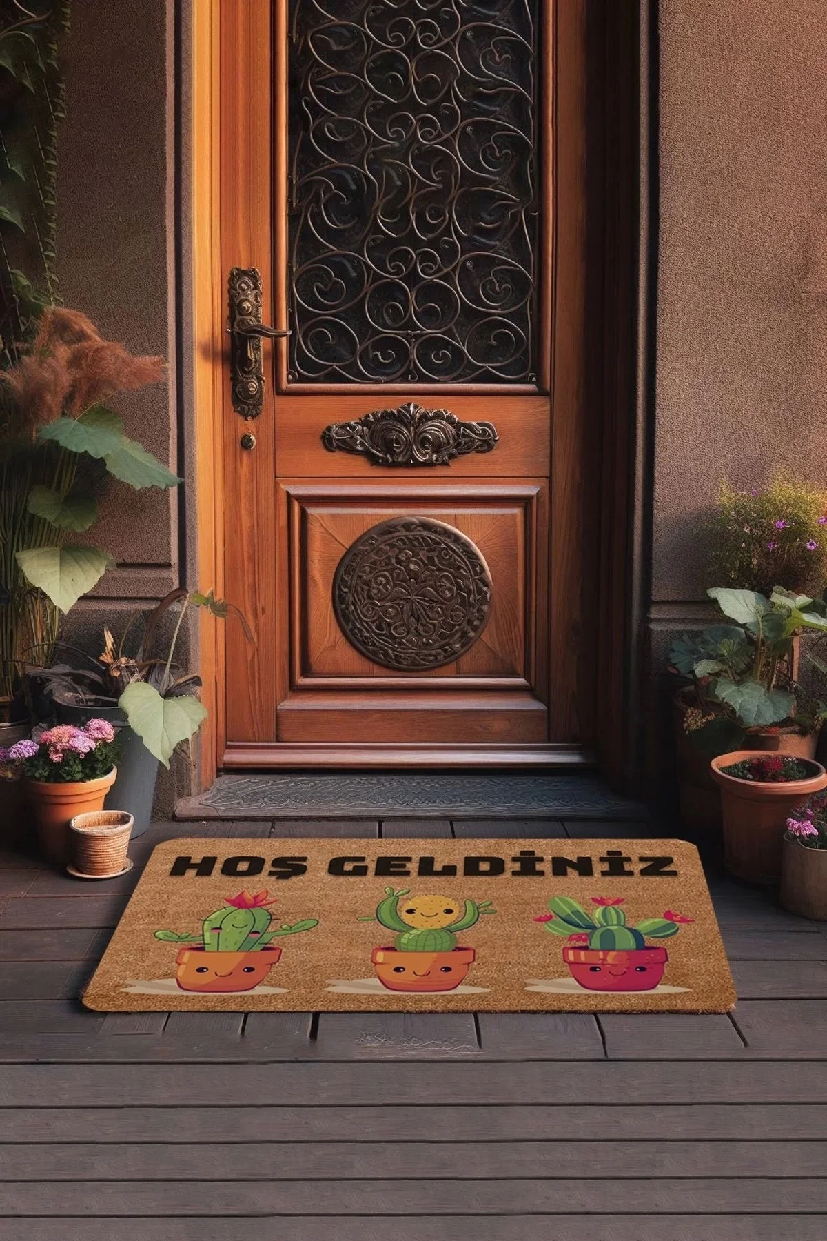 Valerine Life Opuntia Tavşan Kulağı Üçlü Sevimli Kaktüsler Hoş Geldiniz Kapı Önü Paspası 45x70cm