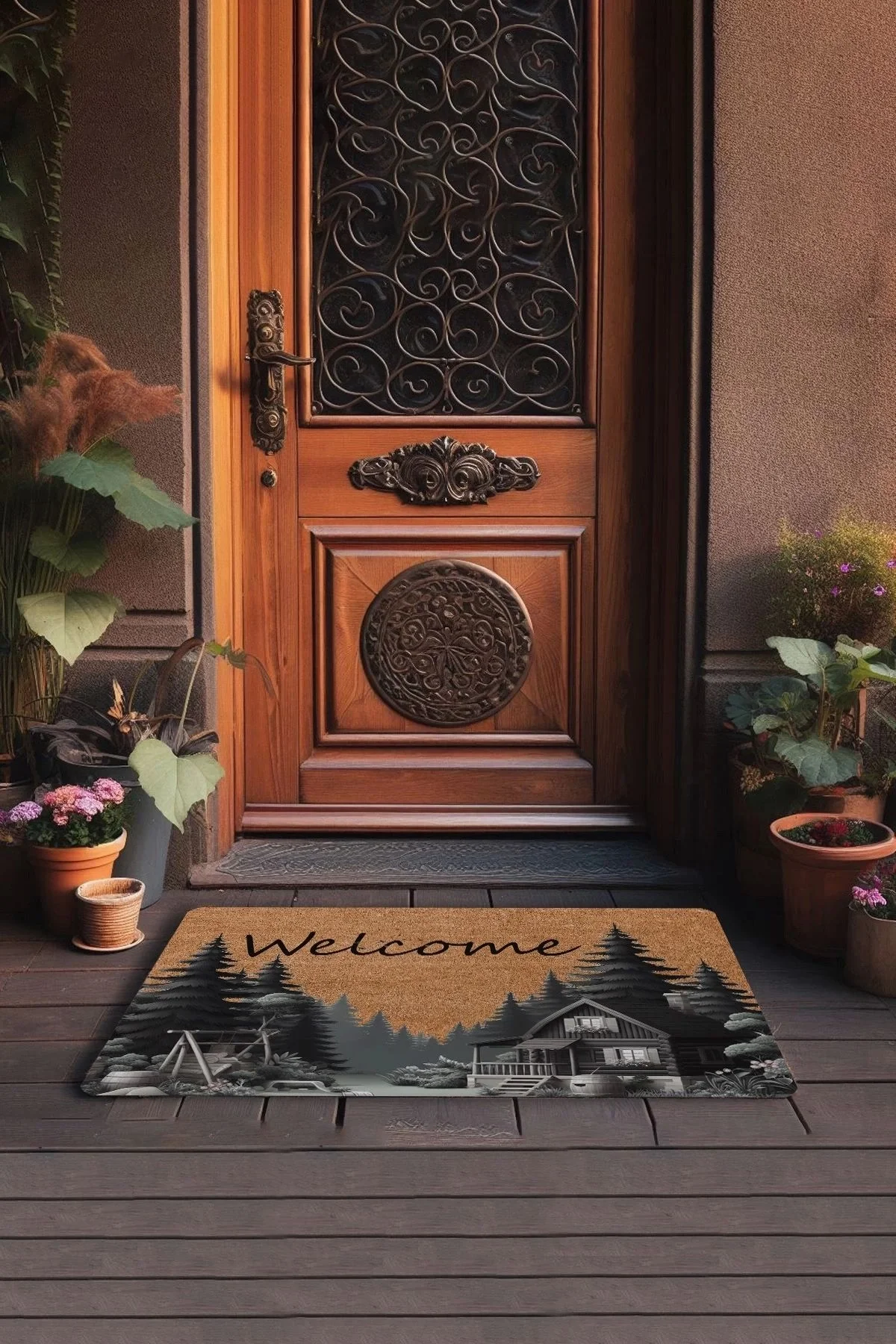 Valerine Life Orman Evi Temalı Çam Ağaçlı Welcome Kapı Önü Paspası 45x70cm
