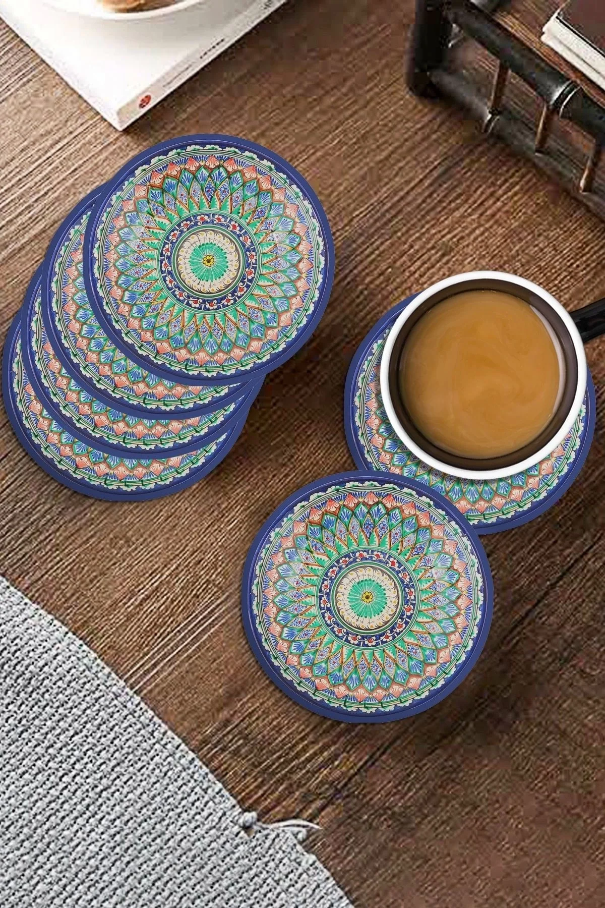 Valerine Life Özbek Papatya Desenli Yıkanabilir Kaydırmaz Ofis Çay ve Fincan Bardak Altlığı 10x10cm 6 Adet