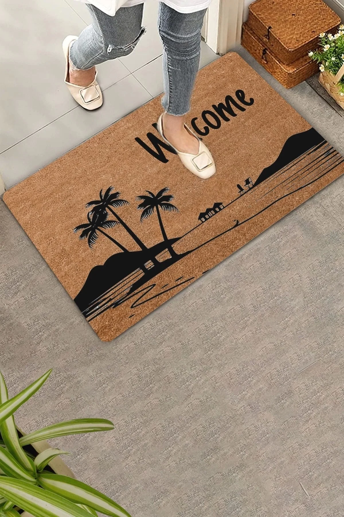 Valerine Life Palmiye Ağaçlı Dağ Manzaralı Welcome Kapı Önü Paspası 45x70cm