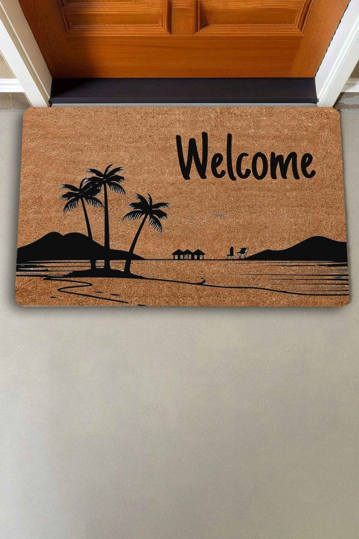 Valerine Life Palmiye Ağaçlı Dağ Manzaralı Welcome Kapı Önü Paspası 45x70cm
