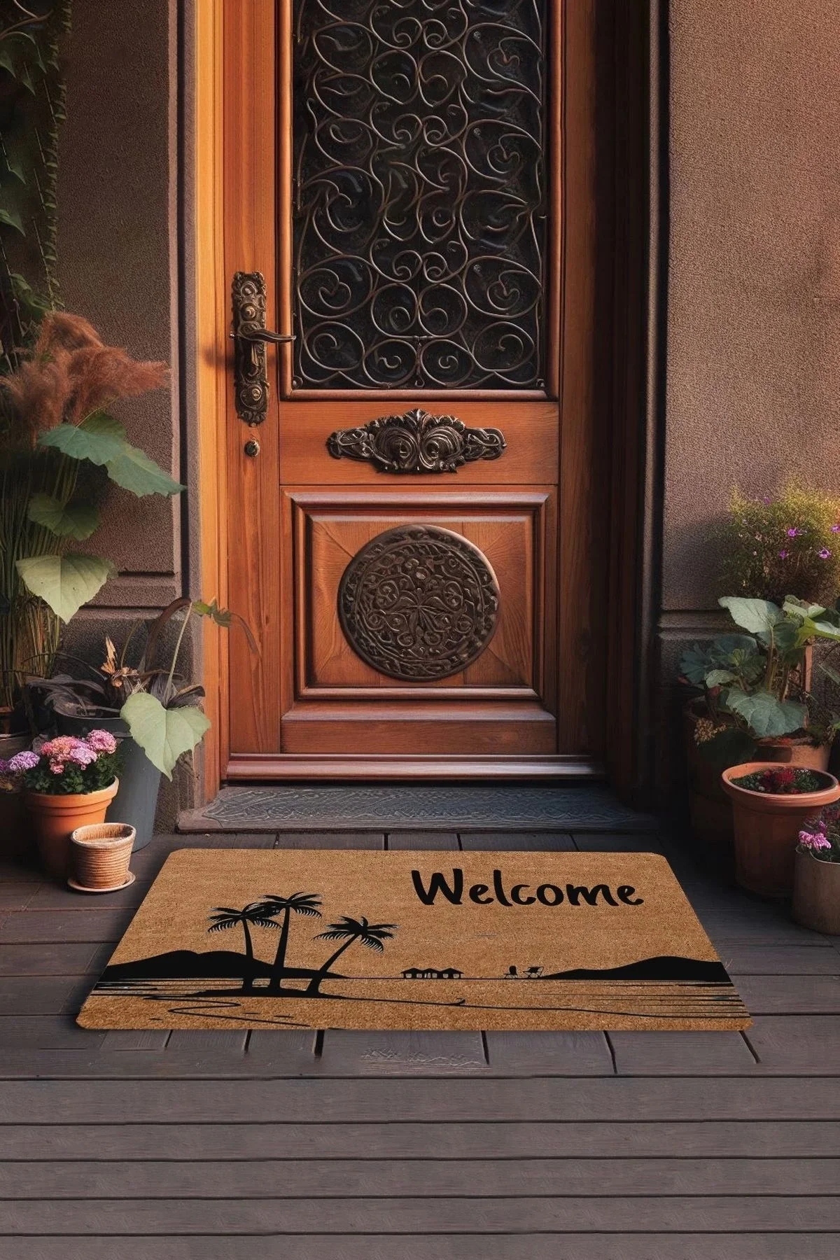 Valerine Life Palmiye Ağaçlı Dağ Manzaralı Welcome Kapı Önü Paspası 45x70cm