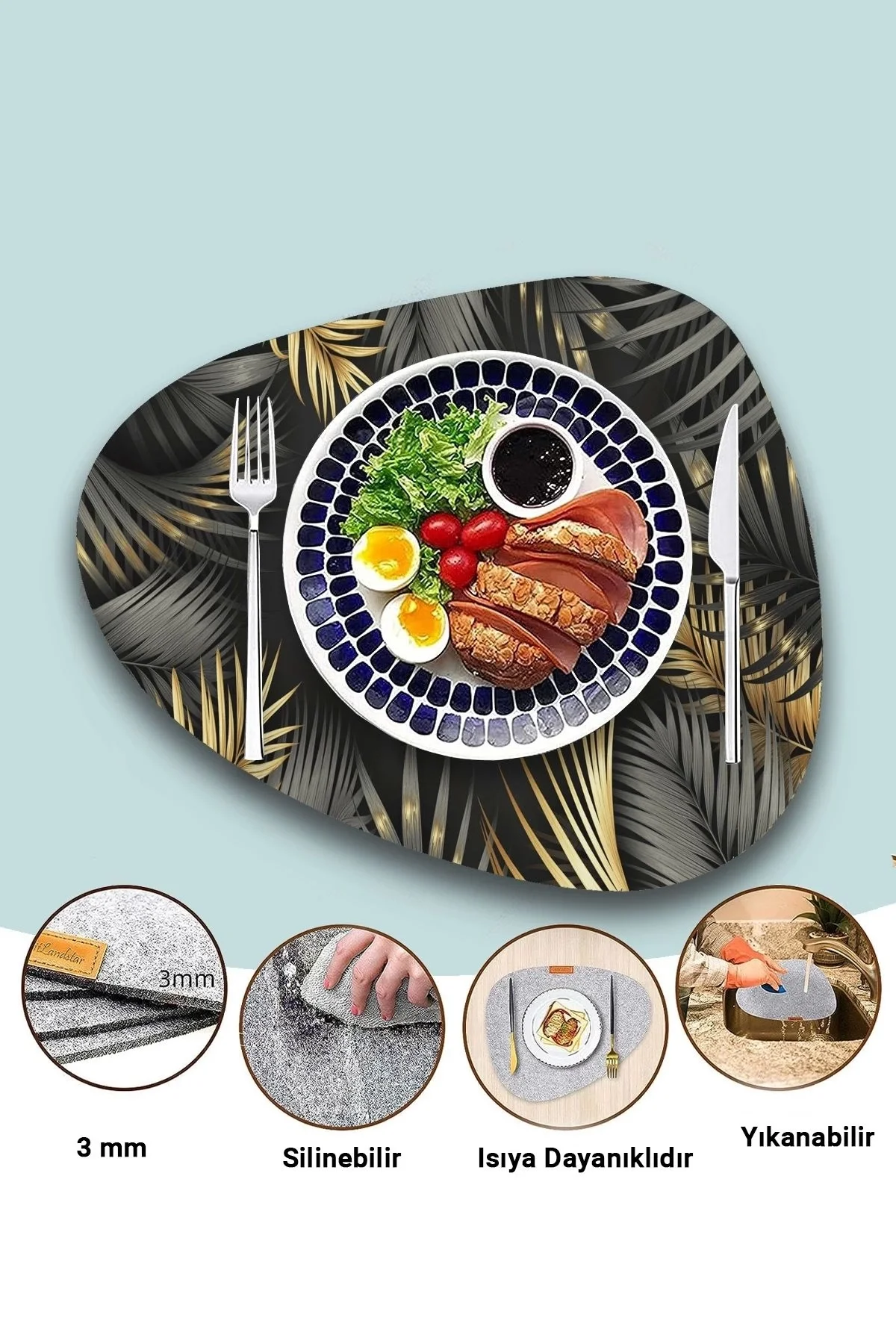 Valerine Life Palmiye Yaprak Çerçeve Gri Amerikan Deri Kaymaz Yıkanabilir Servis Tabak Altlığı 12 Parça 6 Kişilik